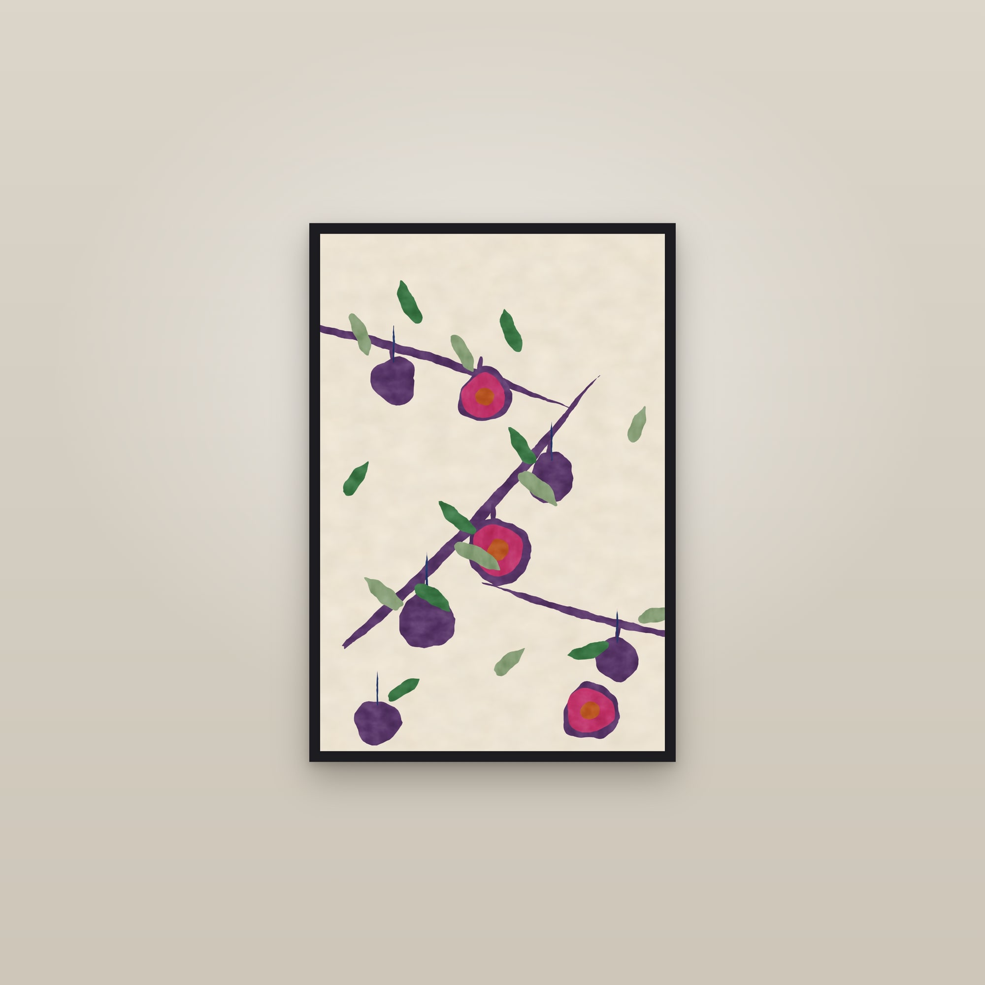 Plum Print — The Plum Branch — framed in a gallery setting