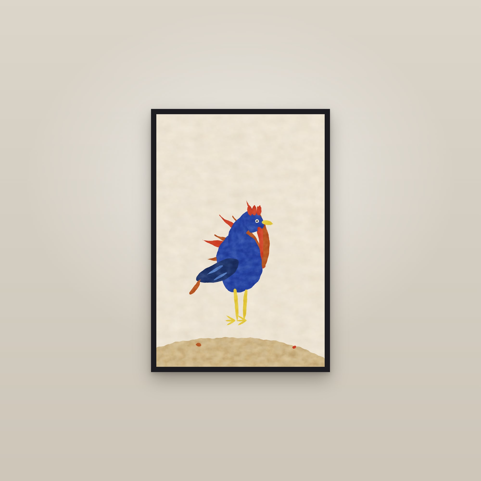 Rooster Print — The Proud Rooster — framed in a gallery setting