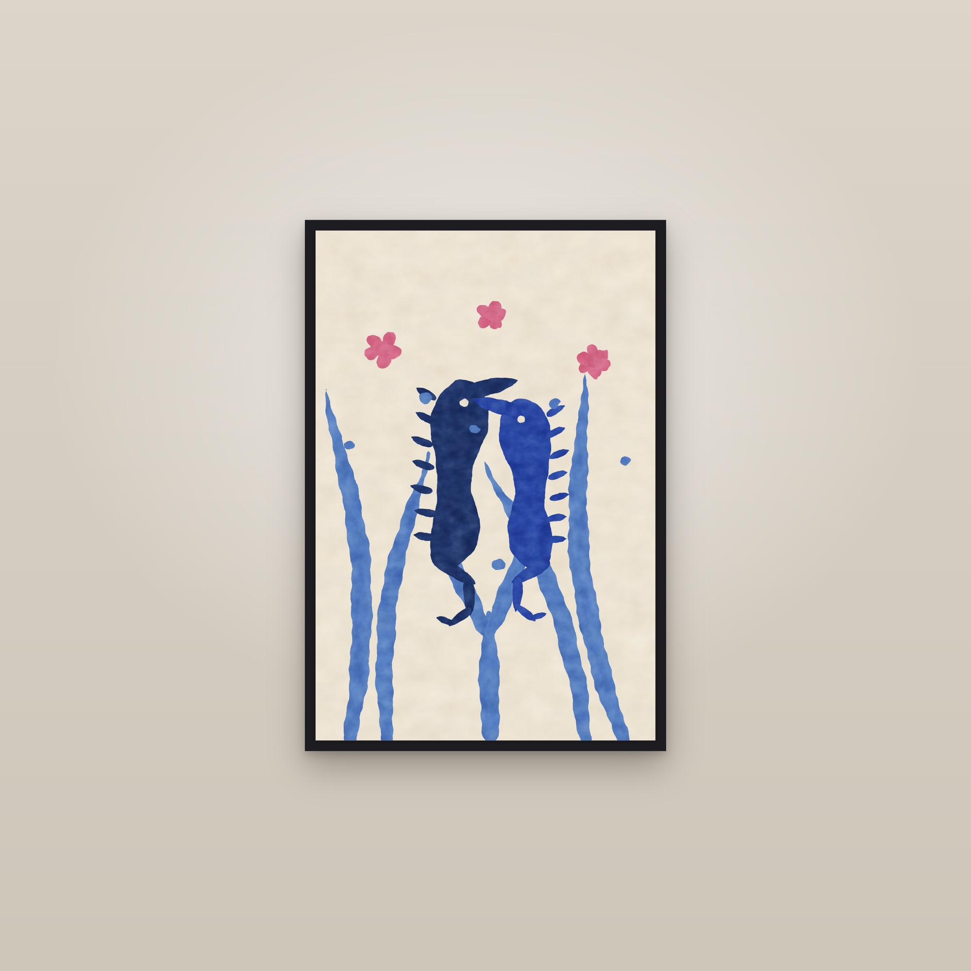 Seahorse Print — The Seahorse Pair — framed in a gallery setting