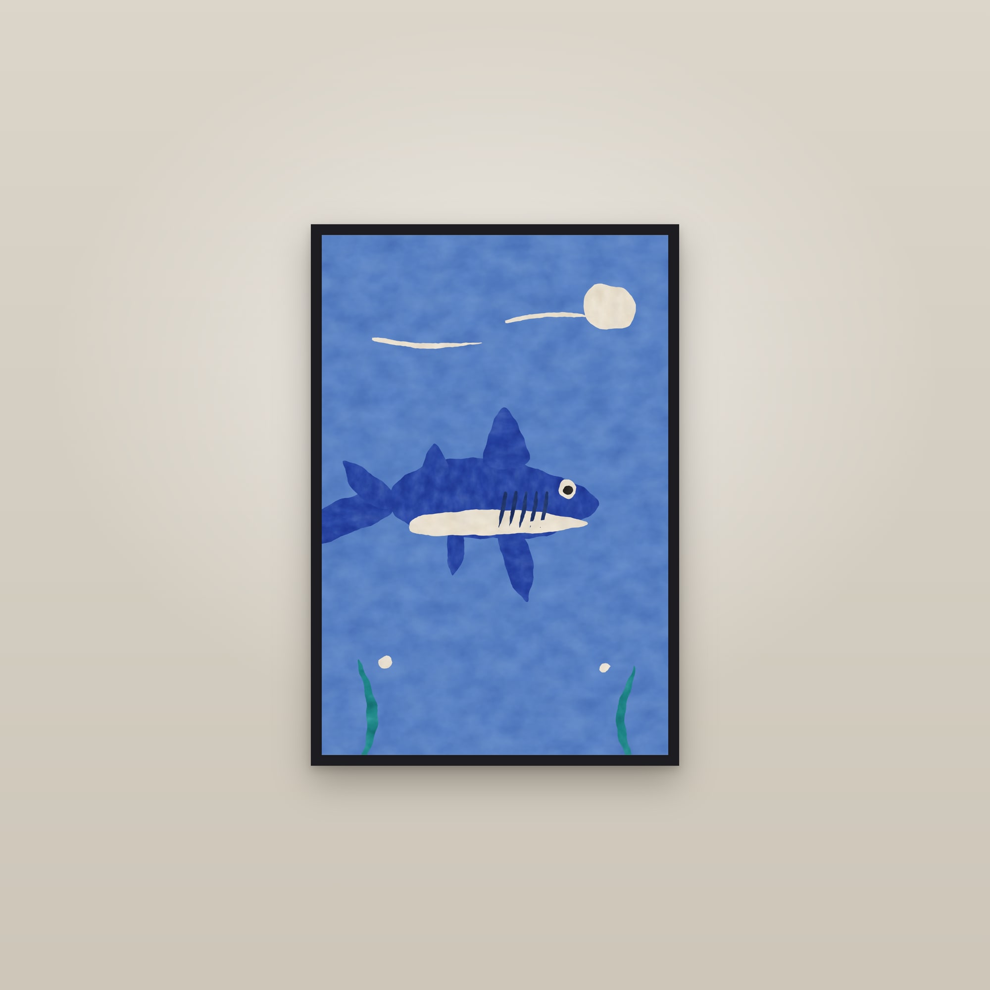Abstract Shark Print — The Gliding Shark — framed in a gallery setting