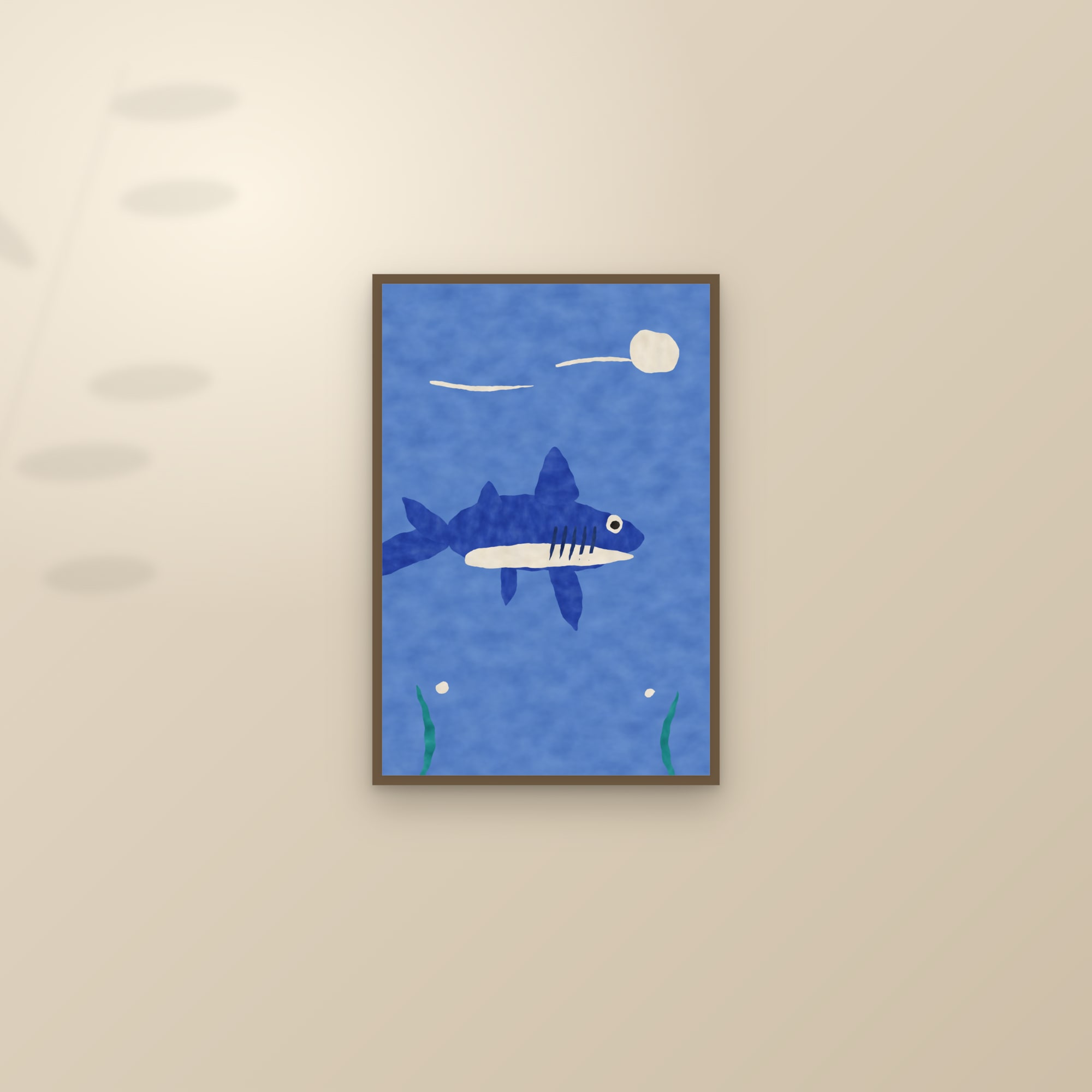 Abstract Shark Print — The Gliding Shark — framed and styled on a sunlit wall