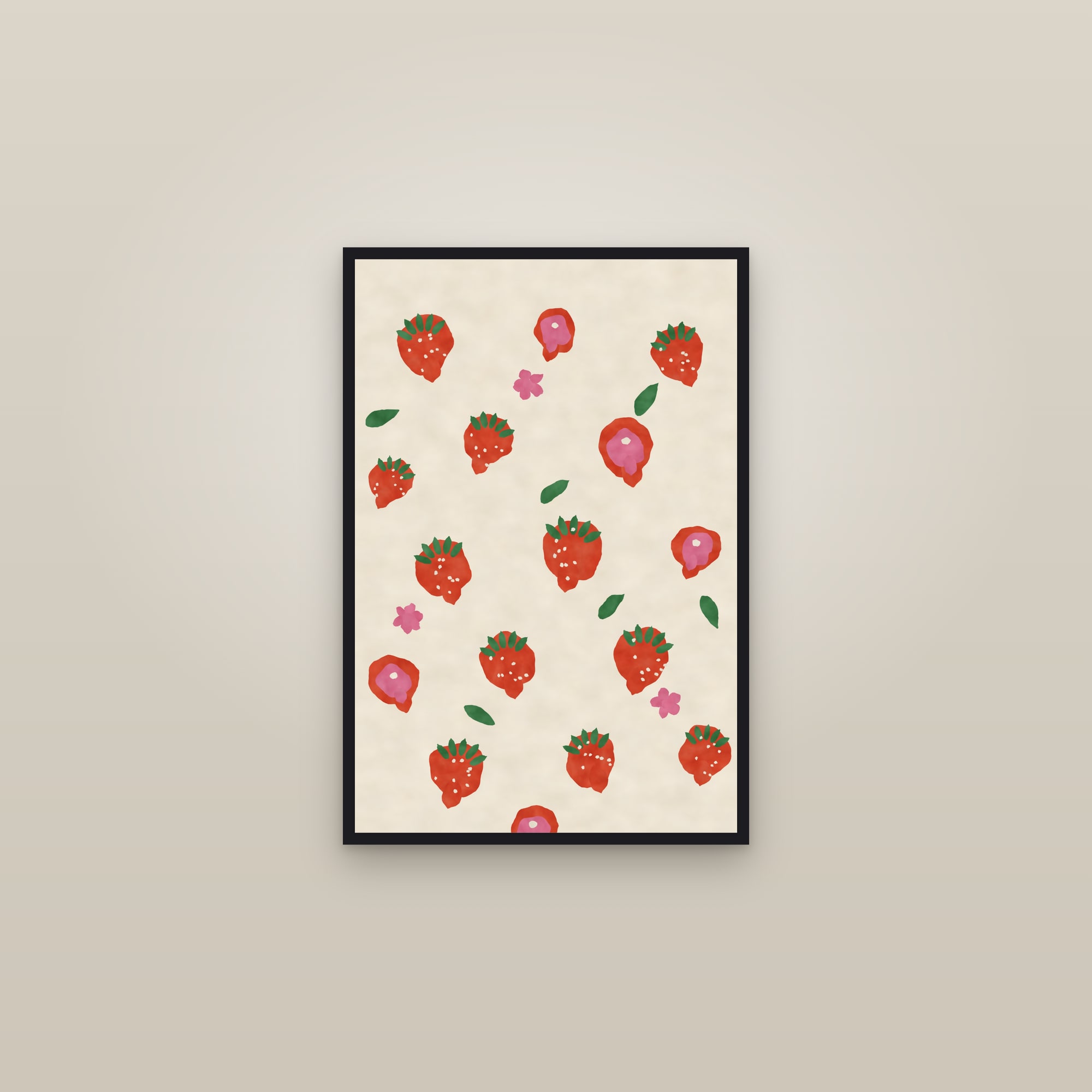 Strawberry Print — The Cut Strawberries — framed in a gallery setting