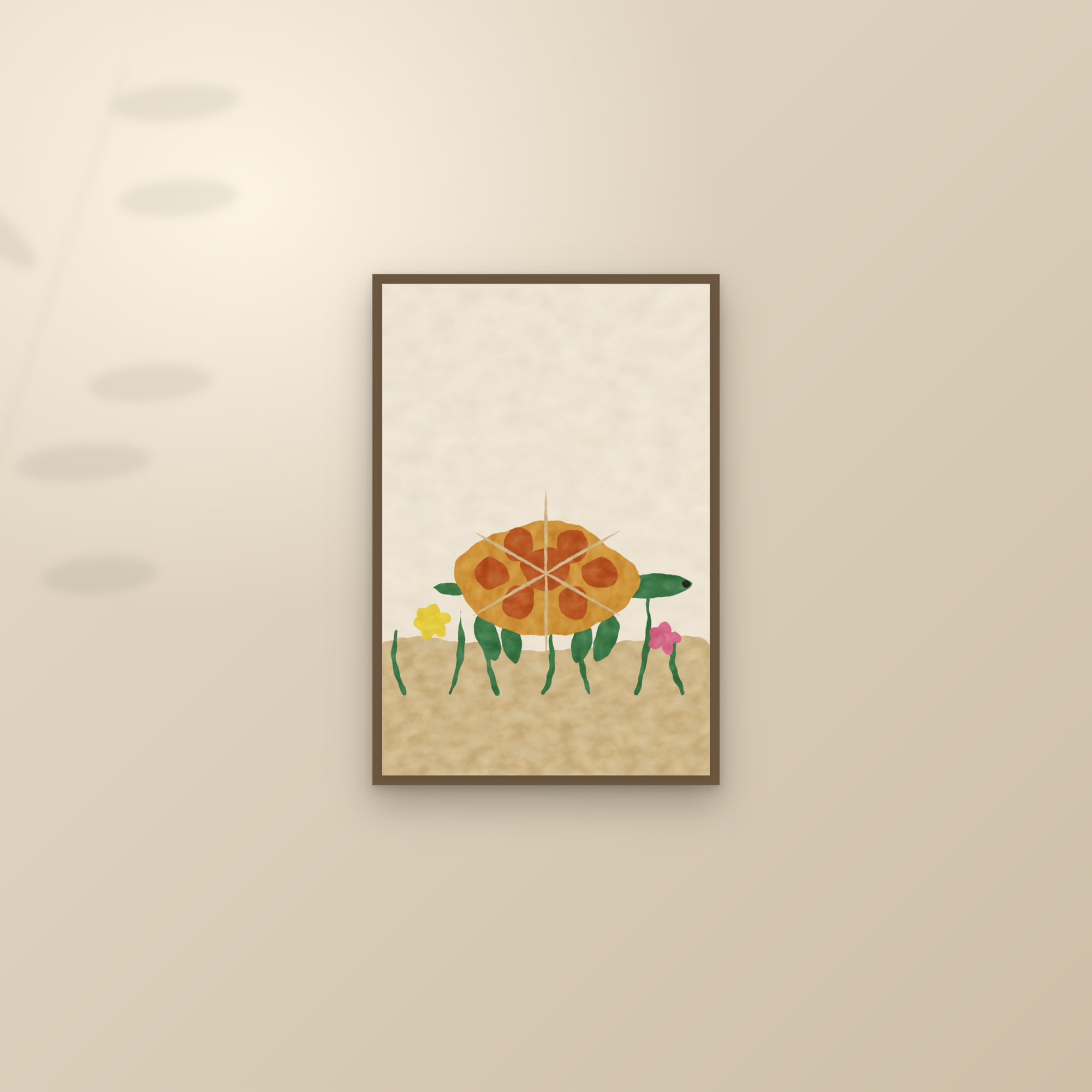 Tortoise Print — The Garden Tortoise — framed and styled on a sunlit wall