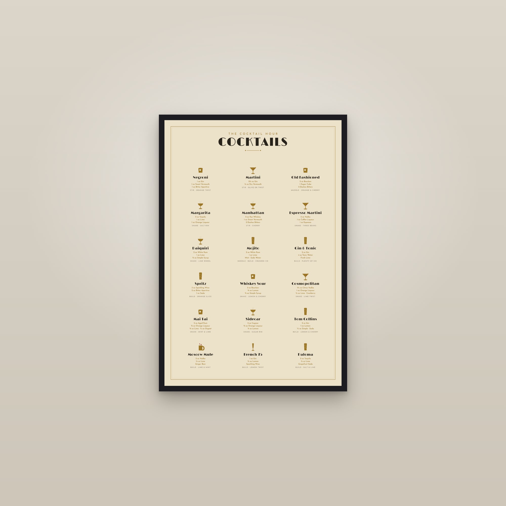 Classic Cocktails Chart · Champagne — Art Deco Bar Print — framed in a gallery setting