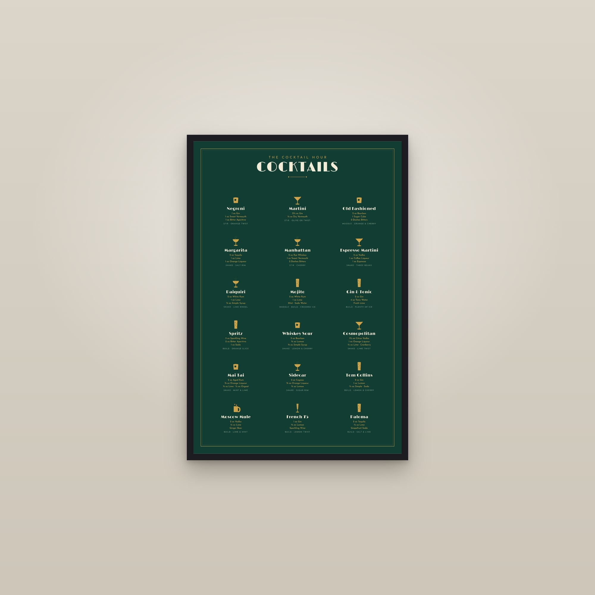 Classic Cocktails Chart · Emerald — Art Deco Bar Print — framed in a gallery setting