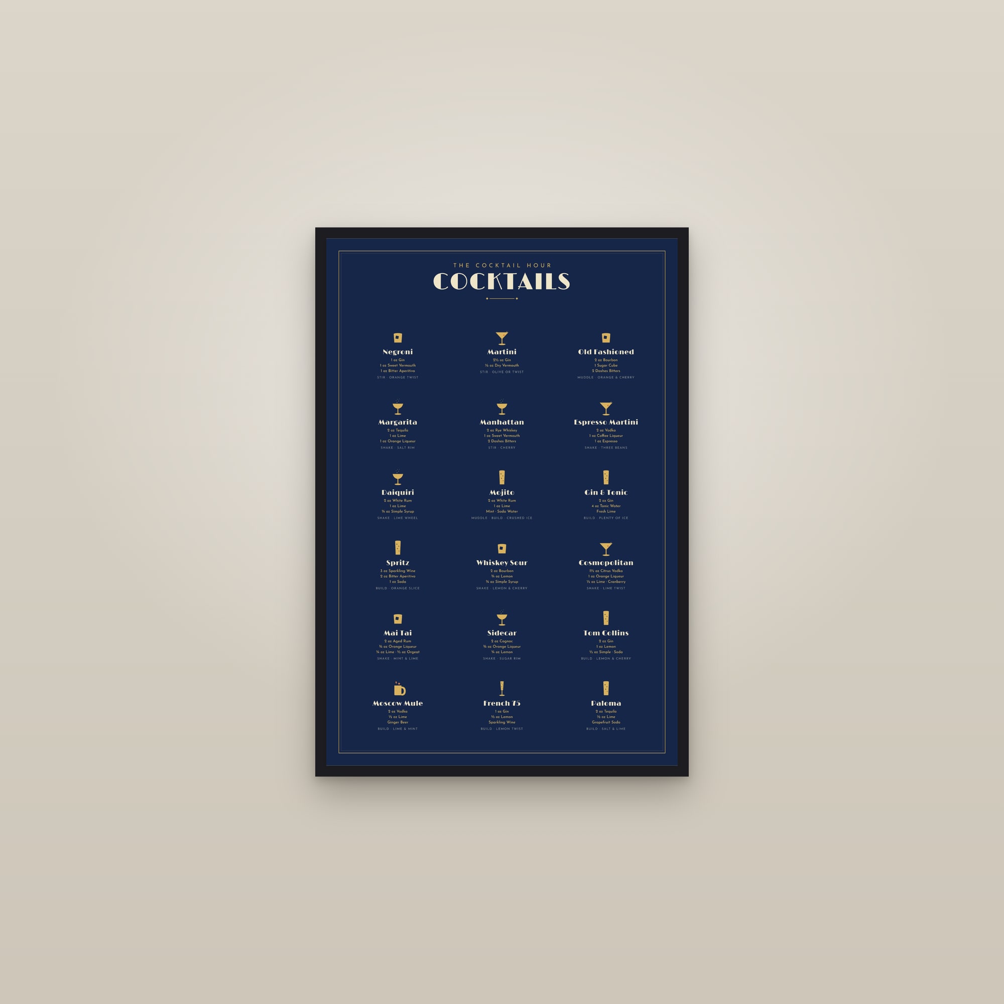 Classic Cocktails Chart · Midnight Blue — Art Deco Bar Print — framed in a gallery setting