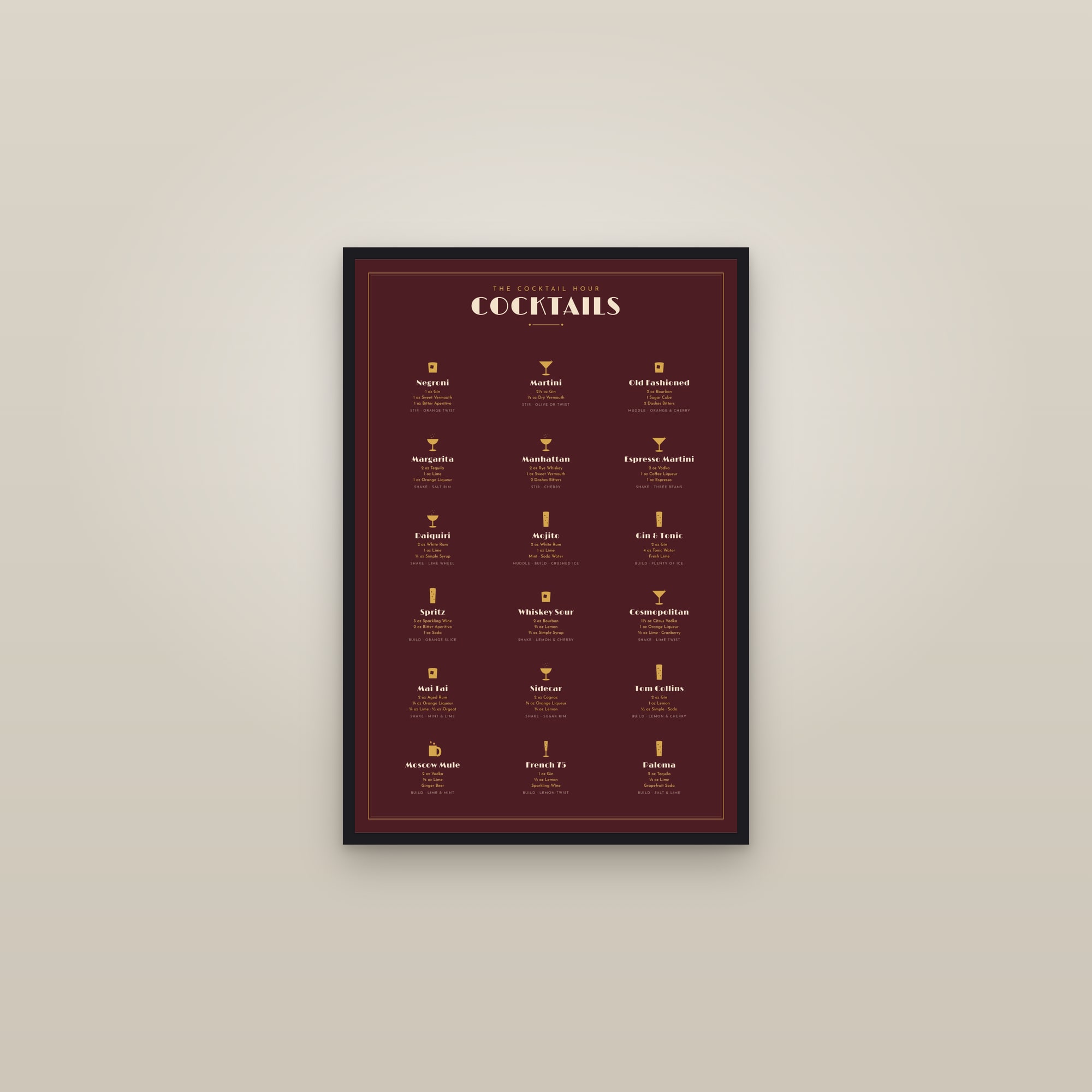 Classic Cocktails Chart · Oxblood — Art Deco Bar Print — framed in a gallery setting