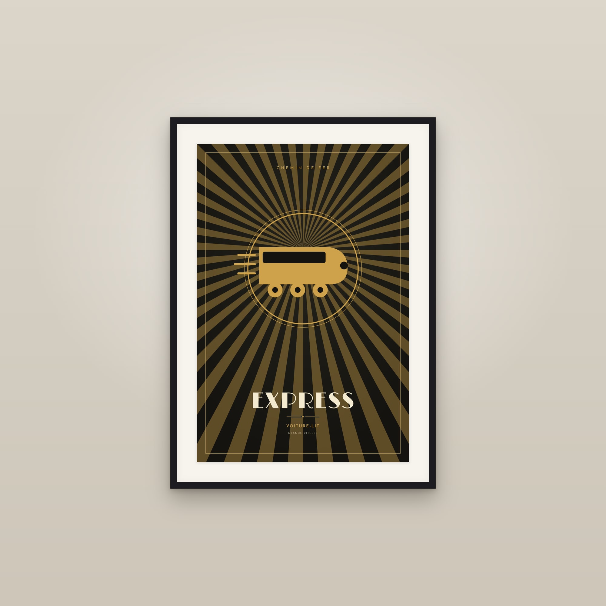 The Express — Art Deco Poster — framed in a gallery setting