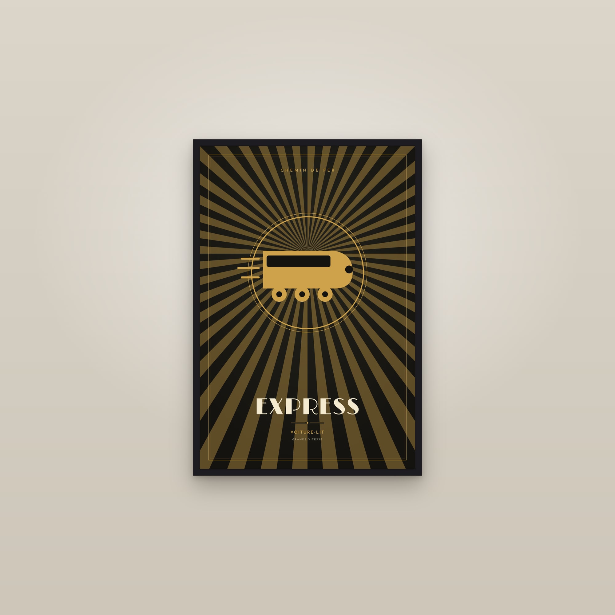 The Express — Art Deco Poster — framed in a gallery setting