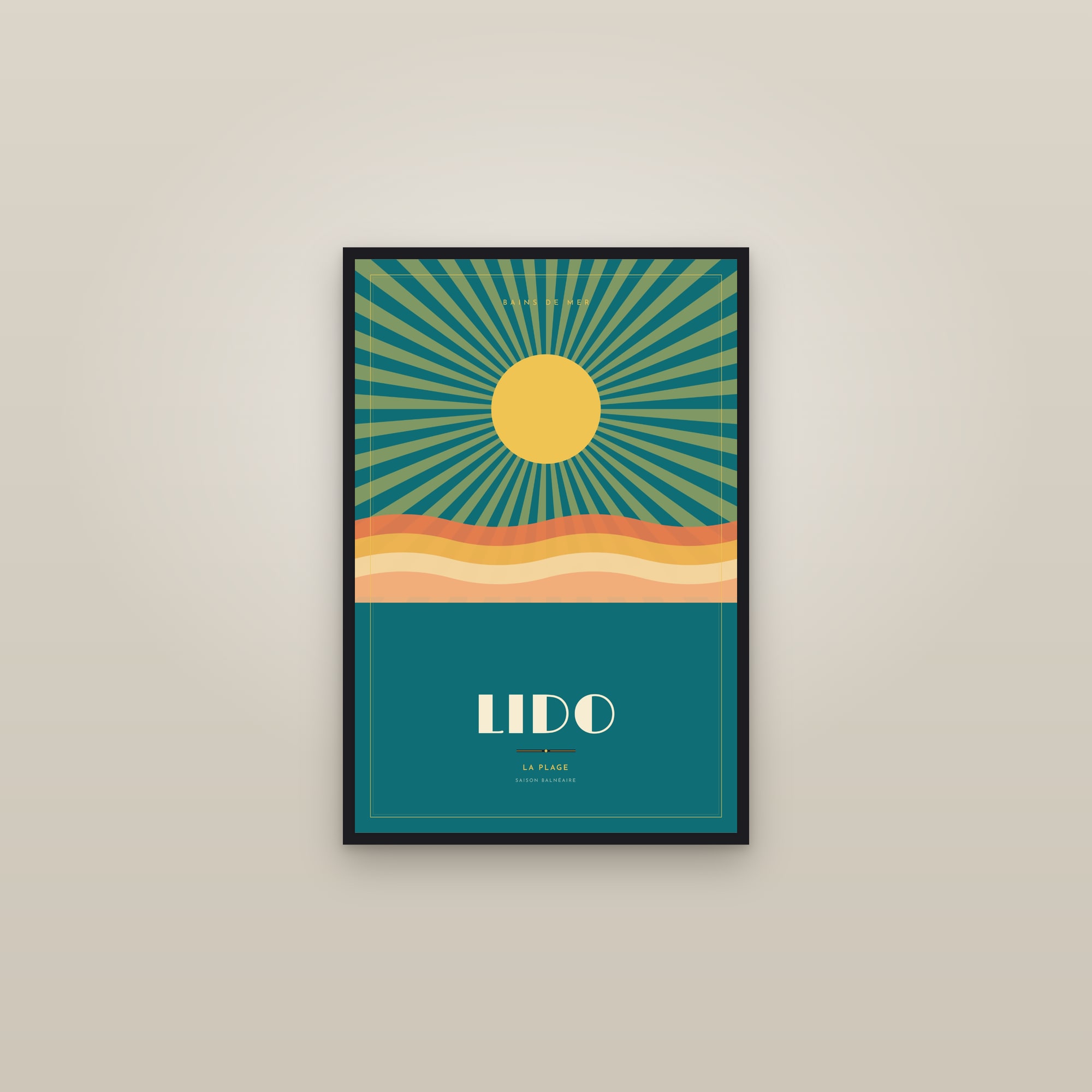 The Lido — Art Deco Poster — framed in a gallery setting
