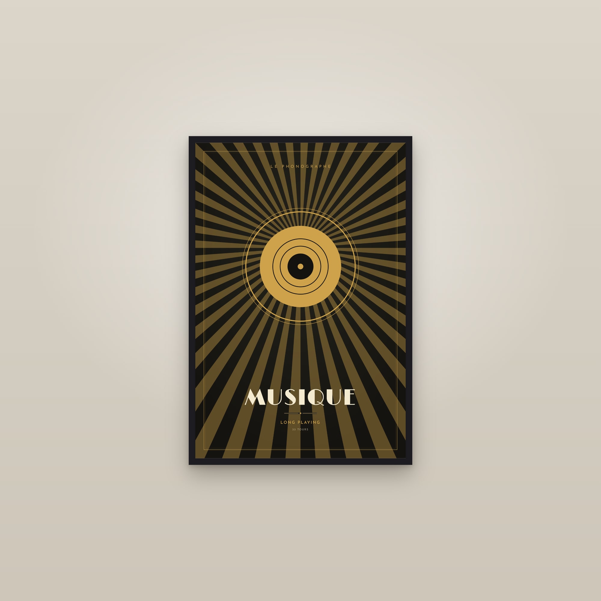 Music — Art Deco Poster — framed in a gallery setting