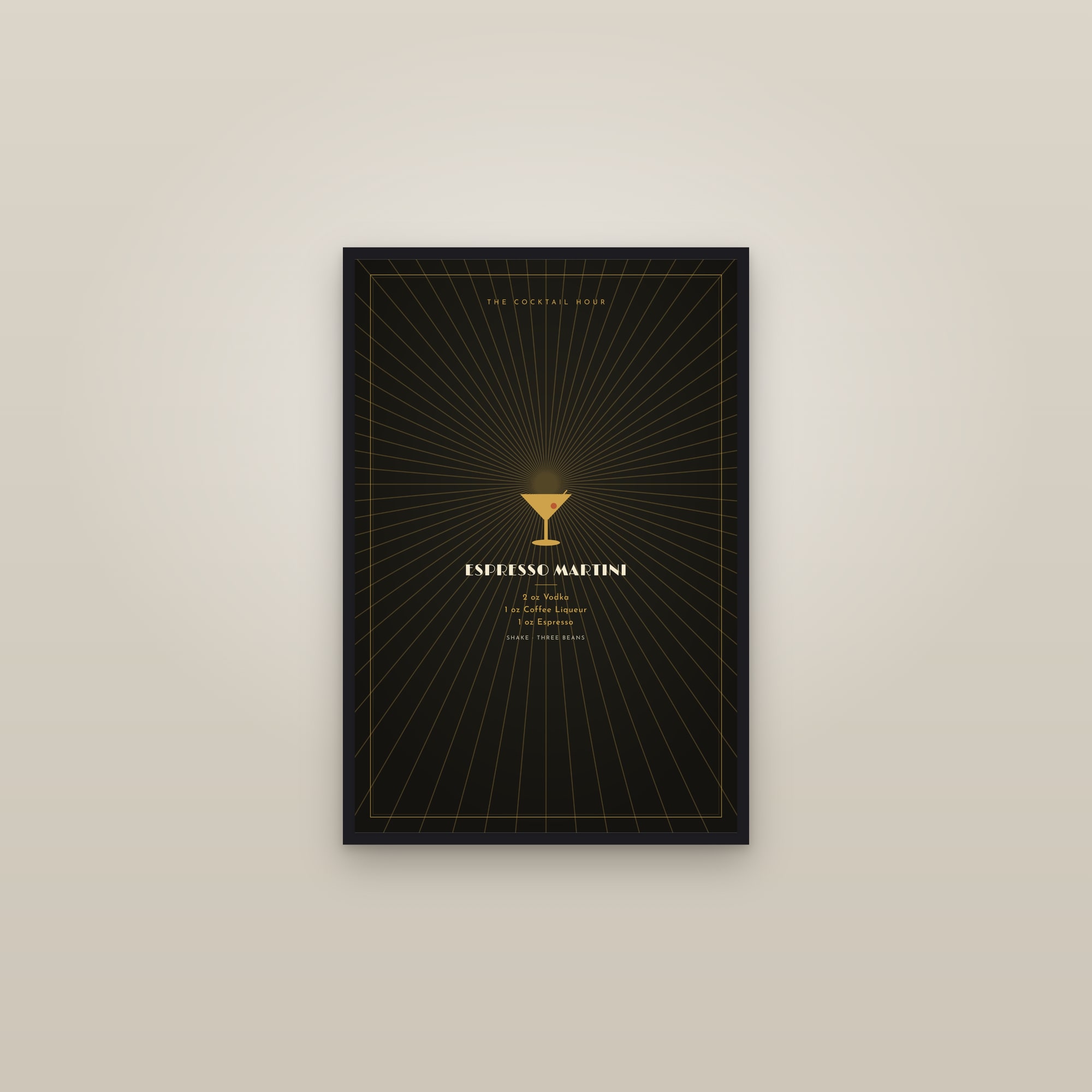 Espresso Martini Cocktail — Art Deco Recipe Print — framed in a gallery setting