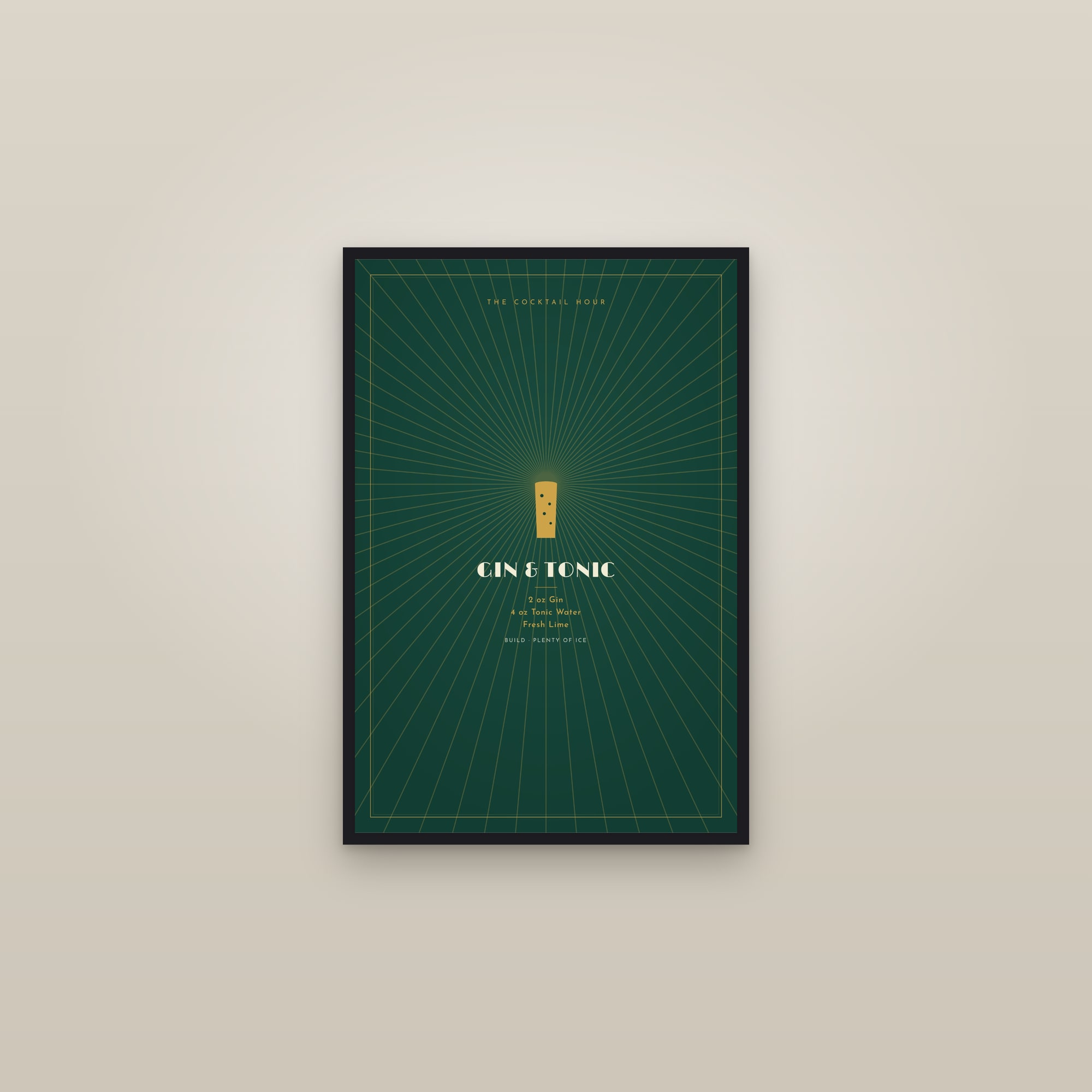 Gin & Tonic Cocktail — Art Deco Recipe Print — framed in a gallery setting