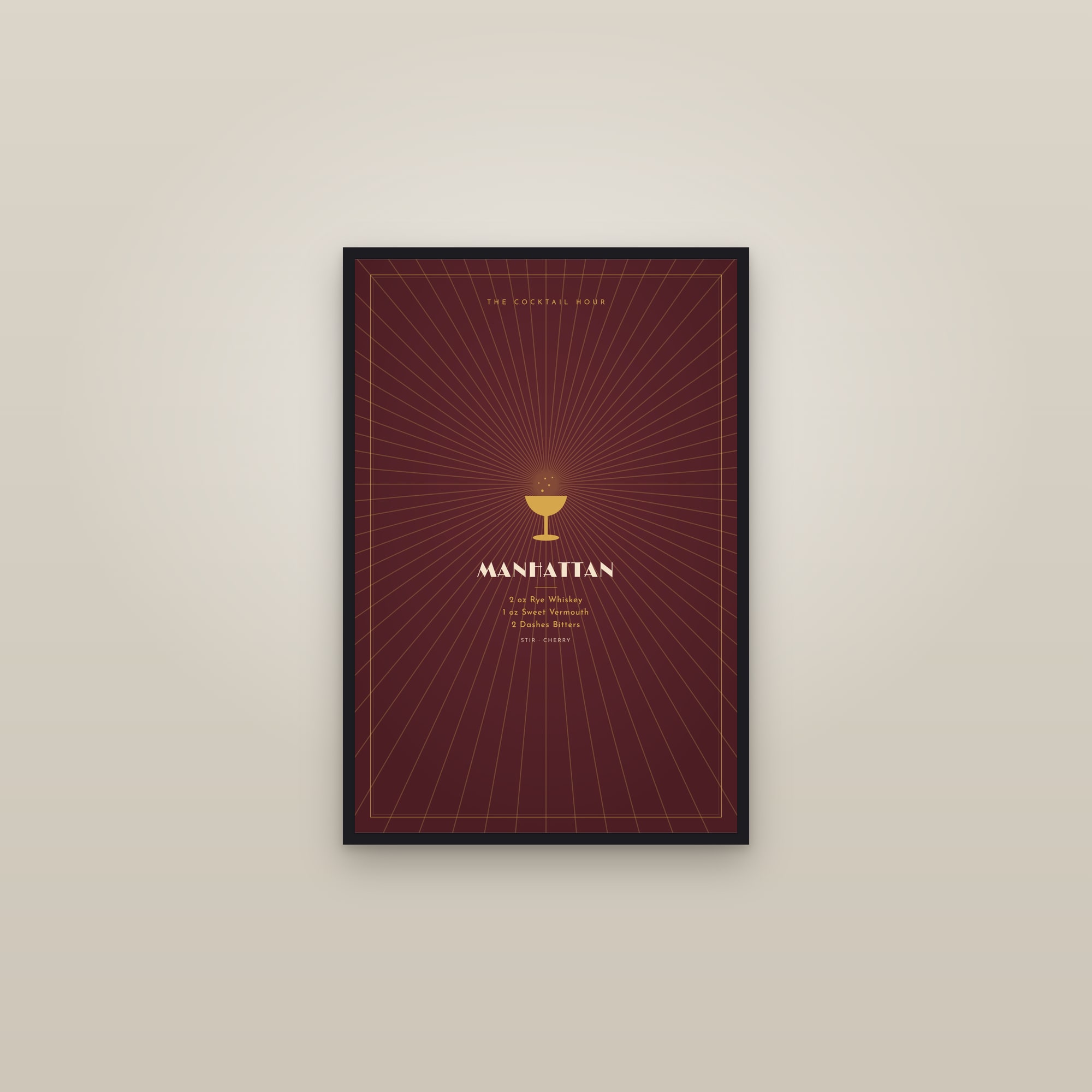 Manhattan Cocktail — Art Deco Recipe Print — framed in a gallery setting