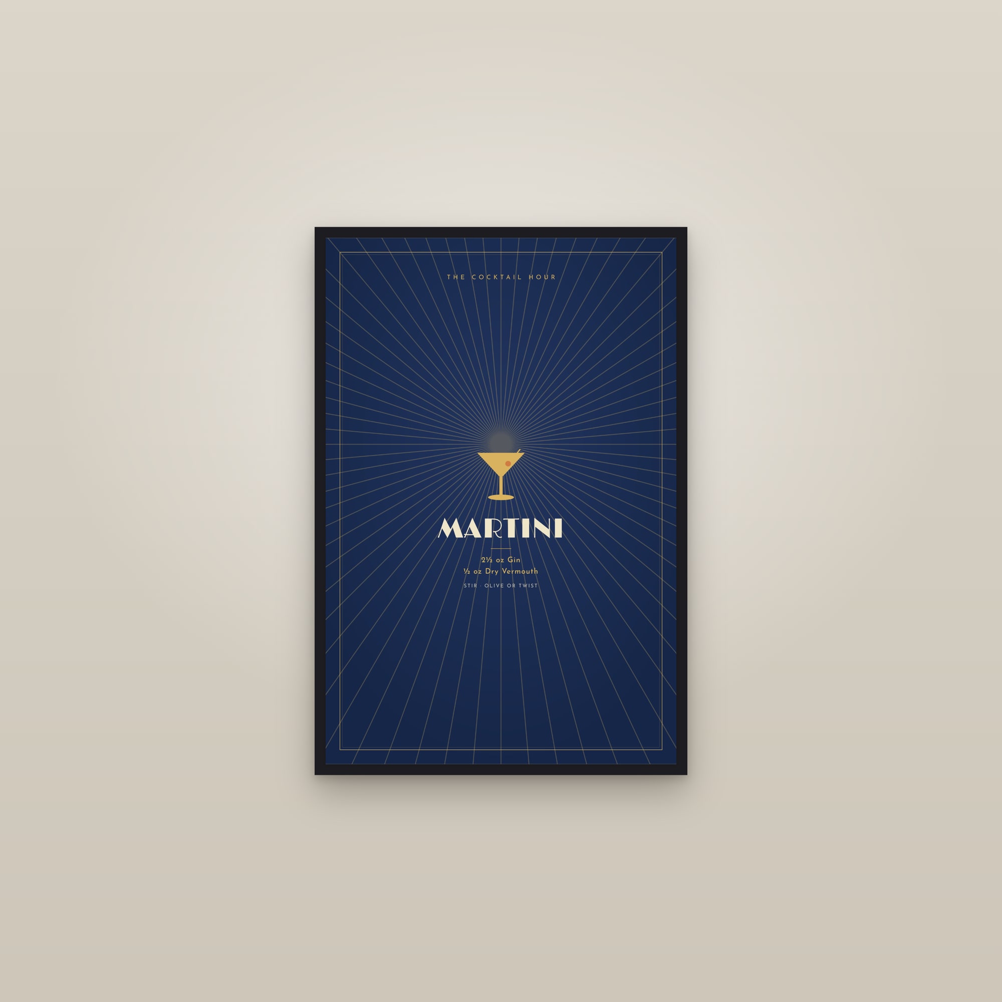 Martini Cocktail — Art Deco Recipe Print — framed in a gallery setting