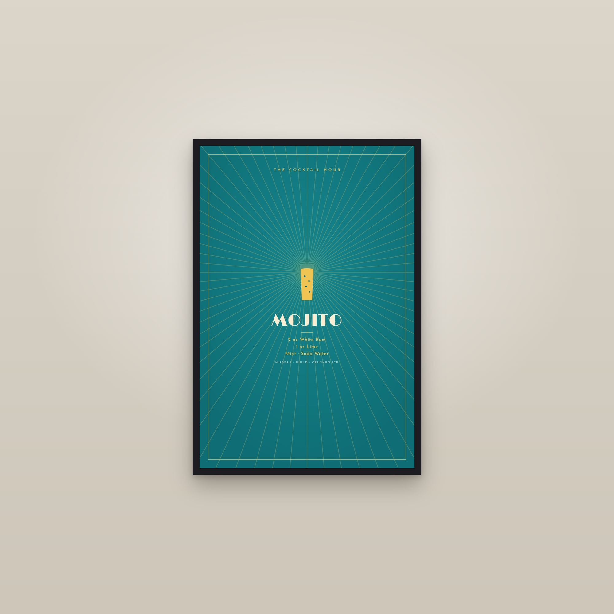 Mojito Cocktail — Art Deco Recipe Print — framed in a gallery setting
