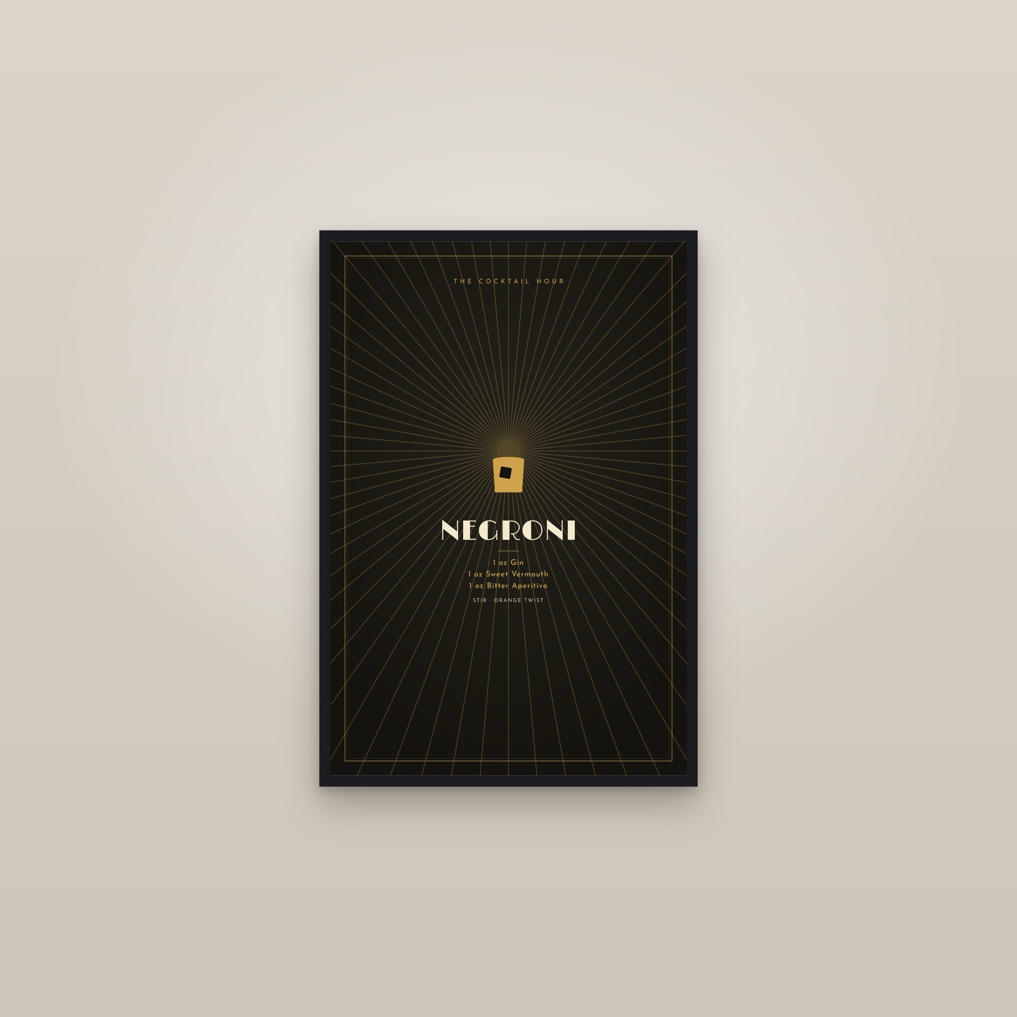 Negroni Cocktail — Art Deco Recipe Print — framed in a gallery setting