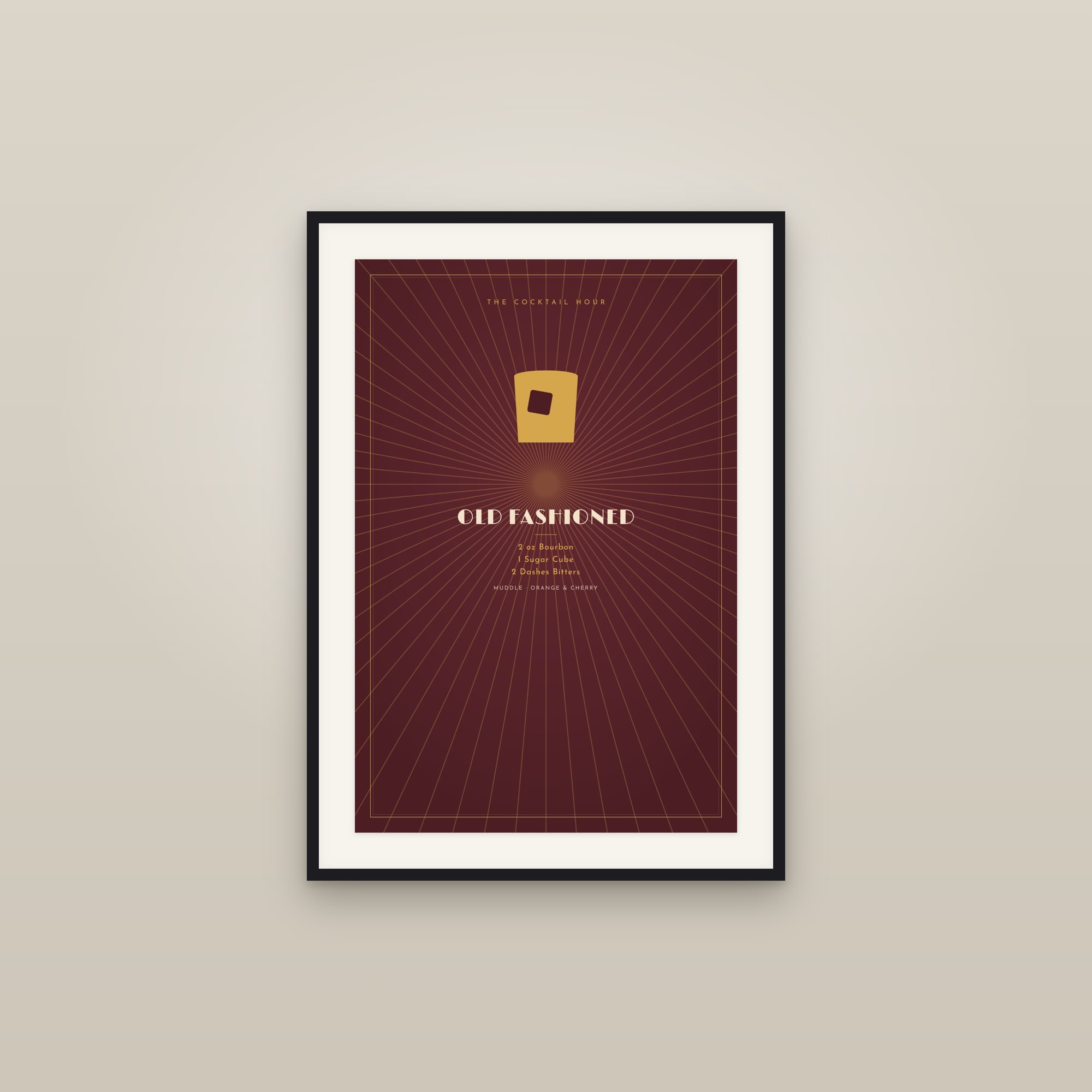Old Fashioned Cocktail — Art Deco Recipe Print — framed in a gallery setting