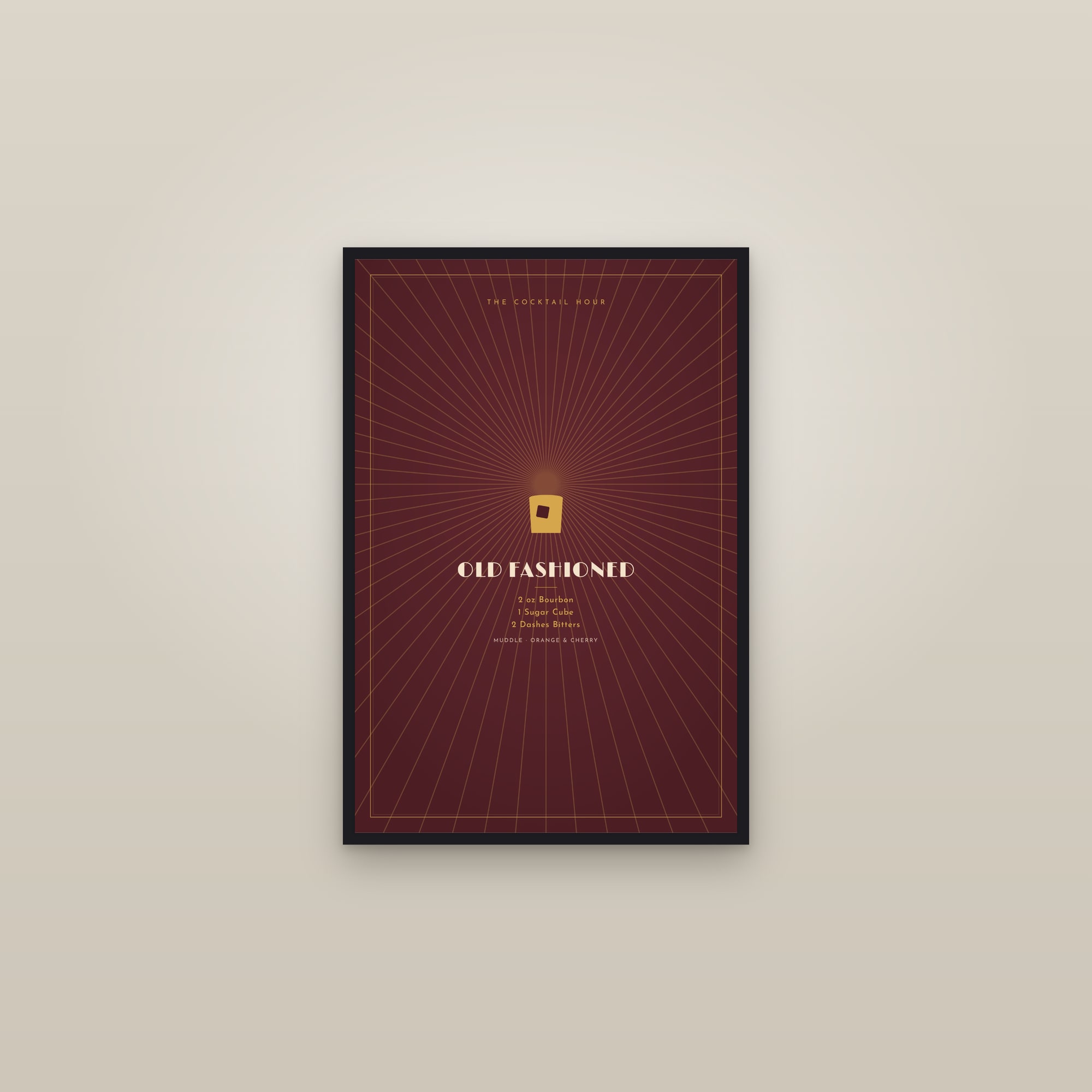 Old Fashioned Cocktail — Art Deco Recipe Print — framed in a gallery setting