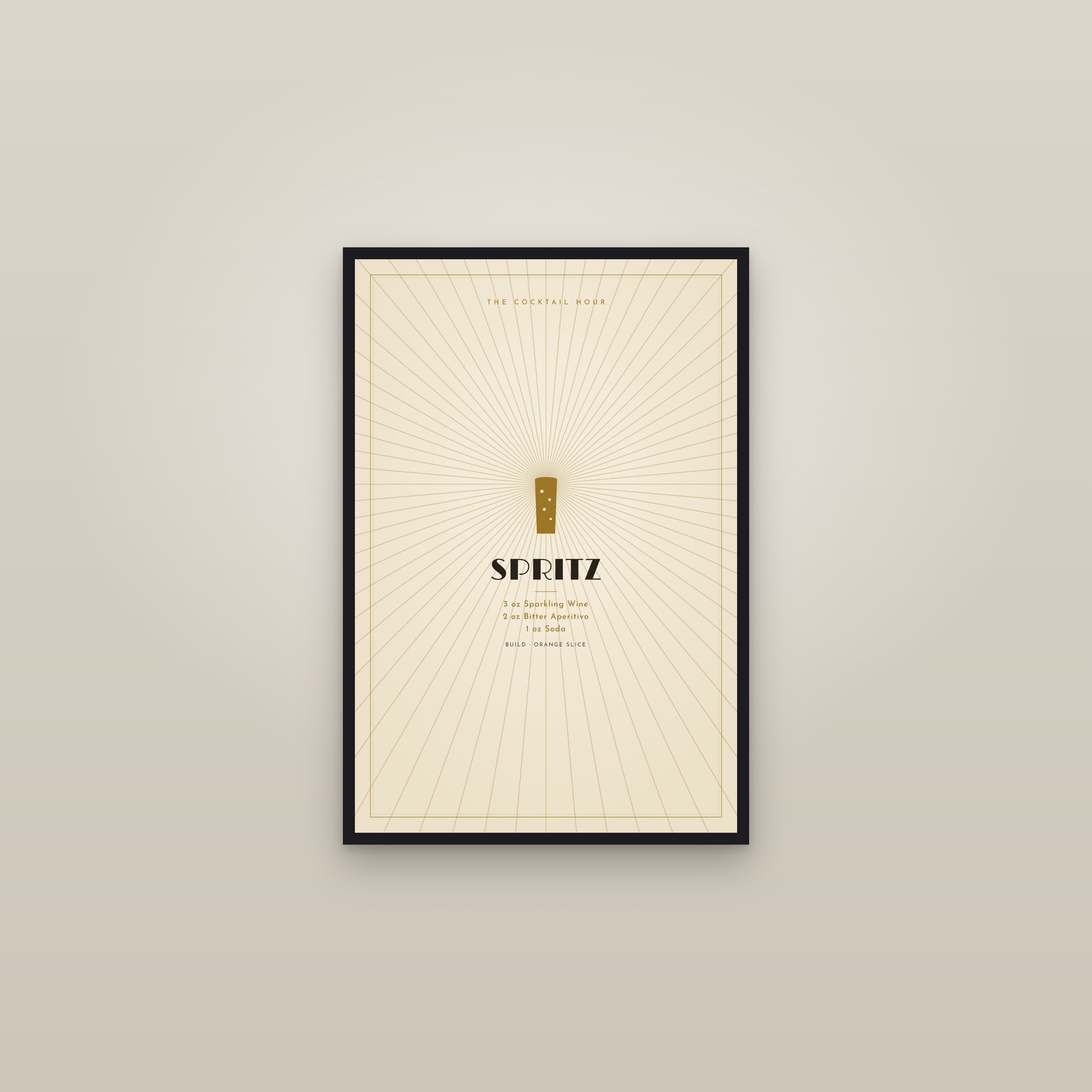 Spritz Cocktail — Art Deco Recipe Print — framed in a gallery setting