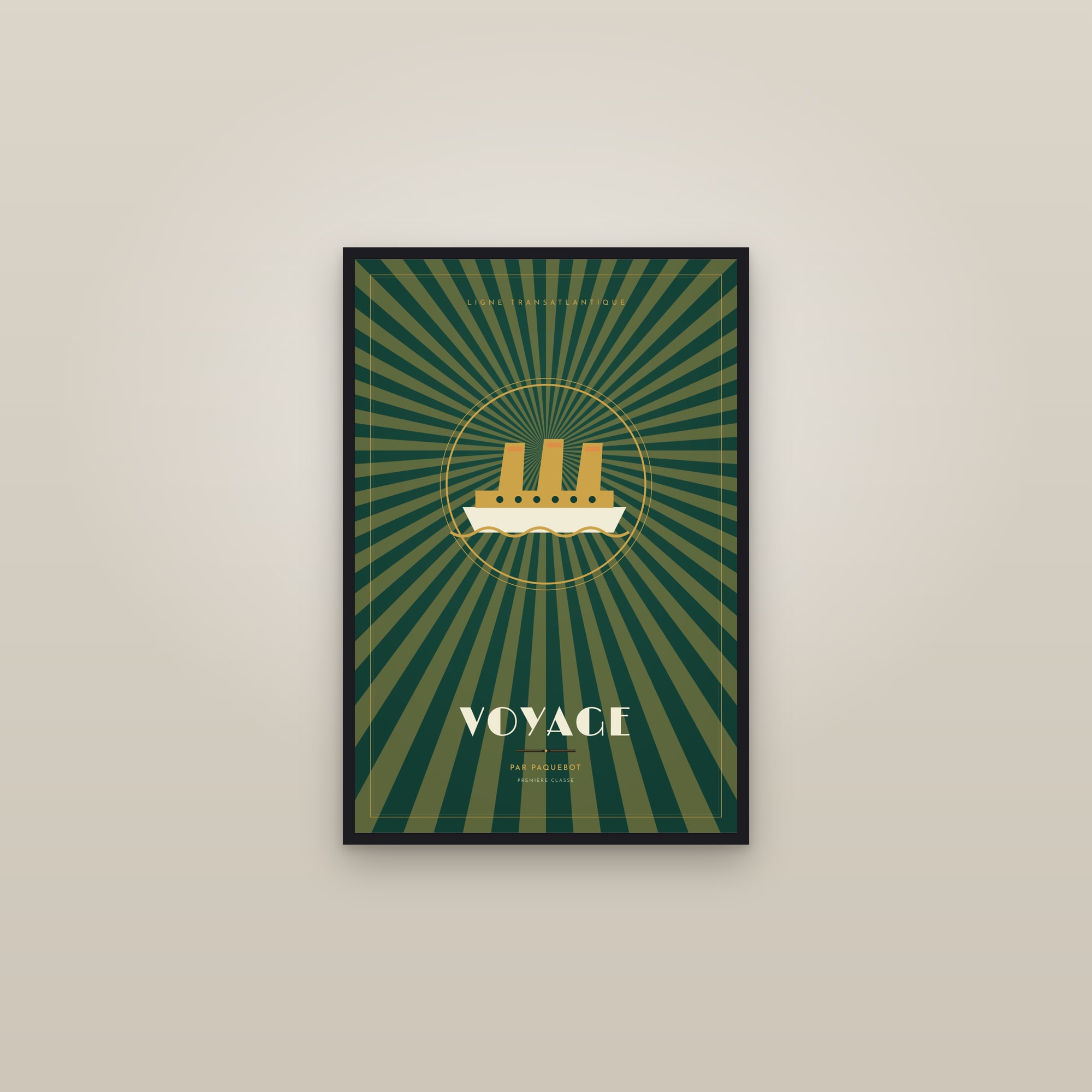 Ocean Voyage — Art Deco Poster — framed in a gallery setting
