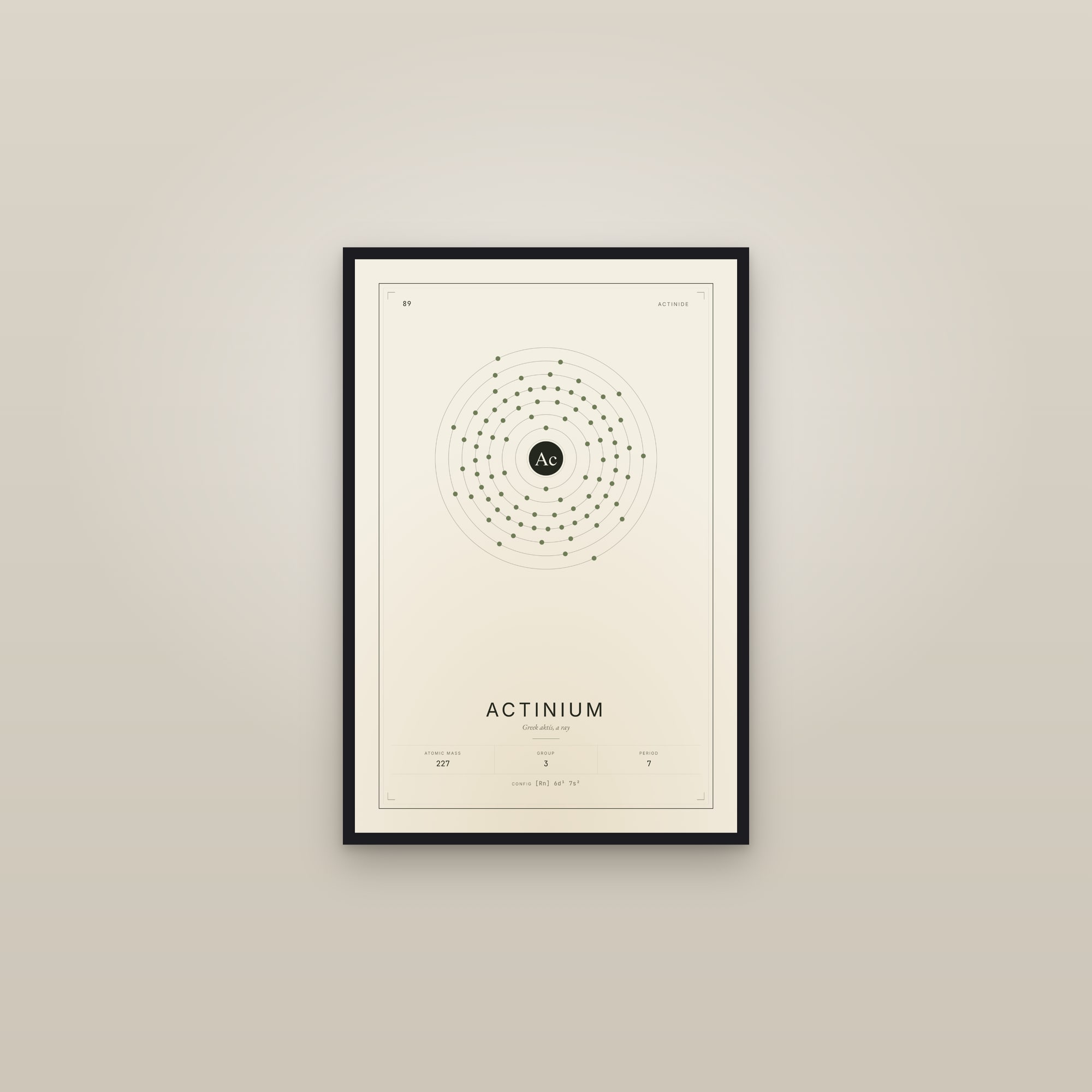 Actinium — Element No. 89 — framed in a gallery setting