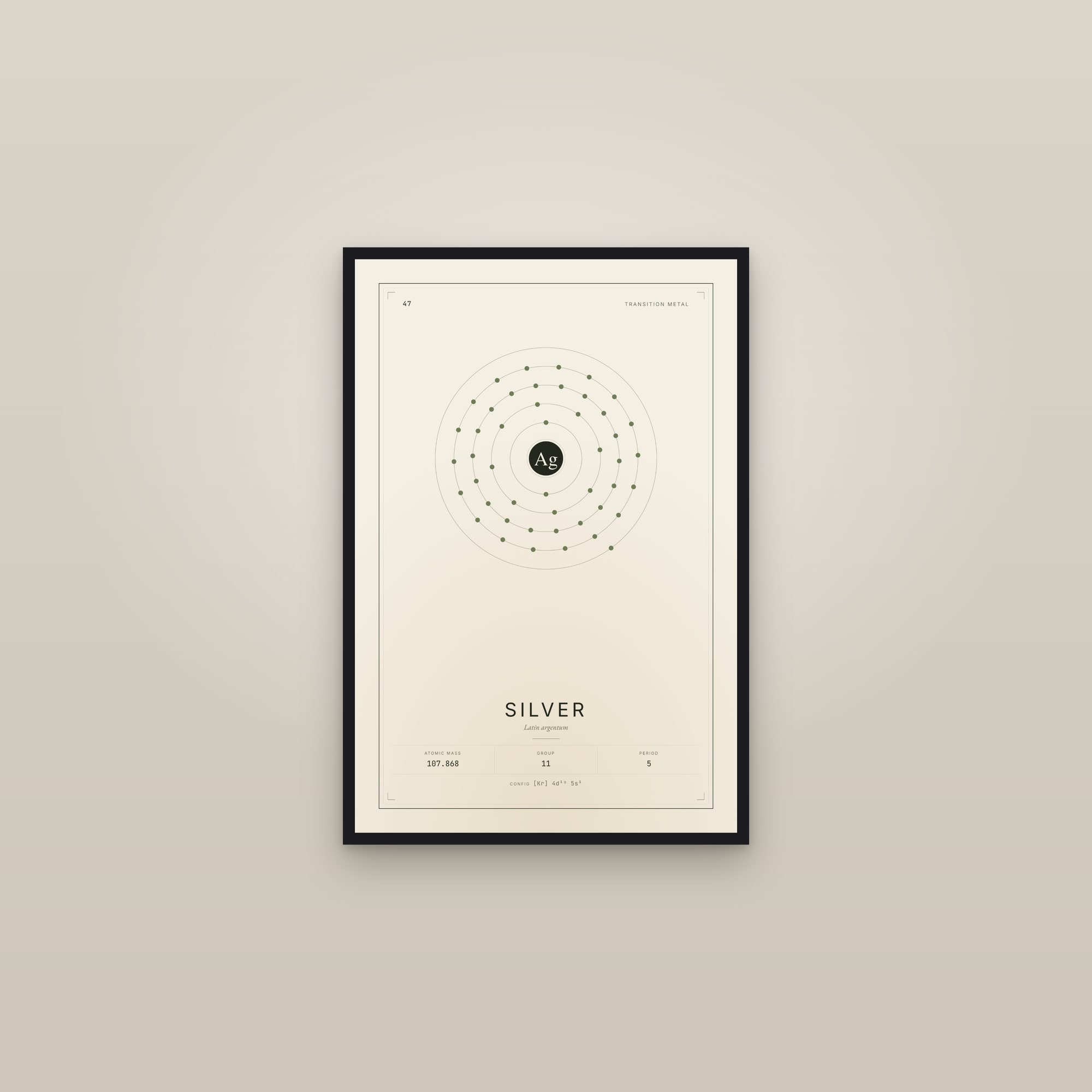 Silver — Element No. 47 — framed in a gallery setting