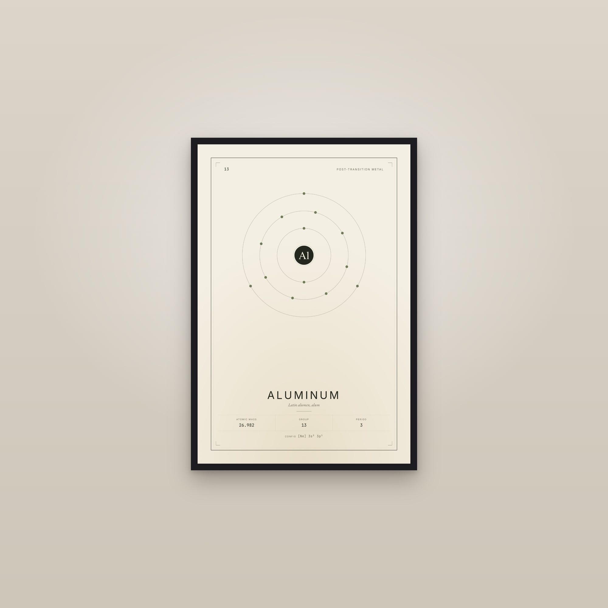 Aluminum — Element No. 13 — framed in a gallery setting