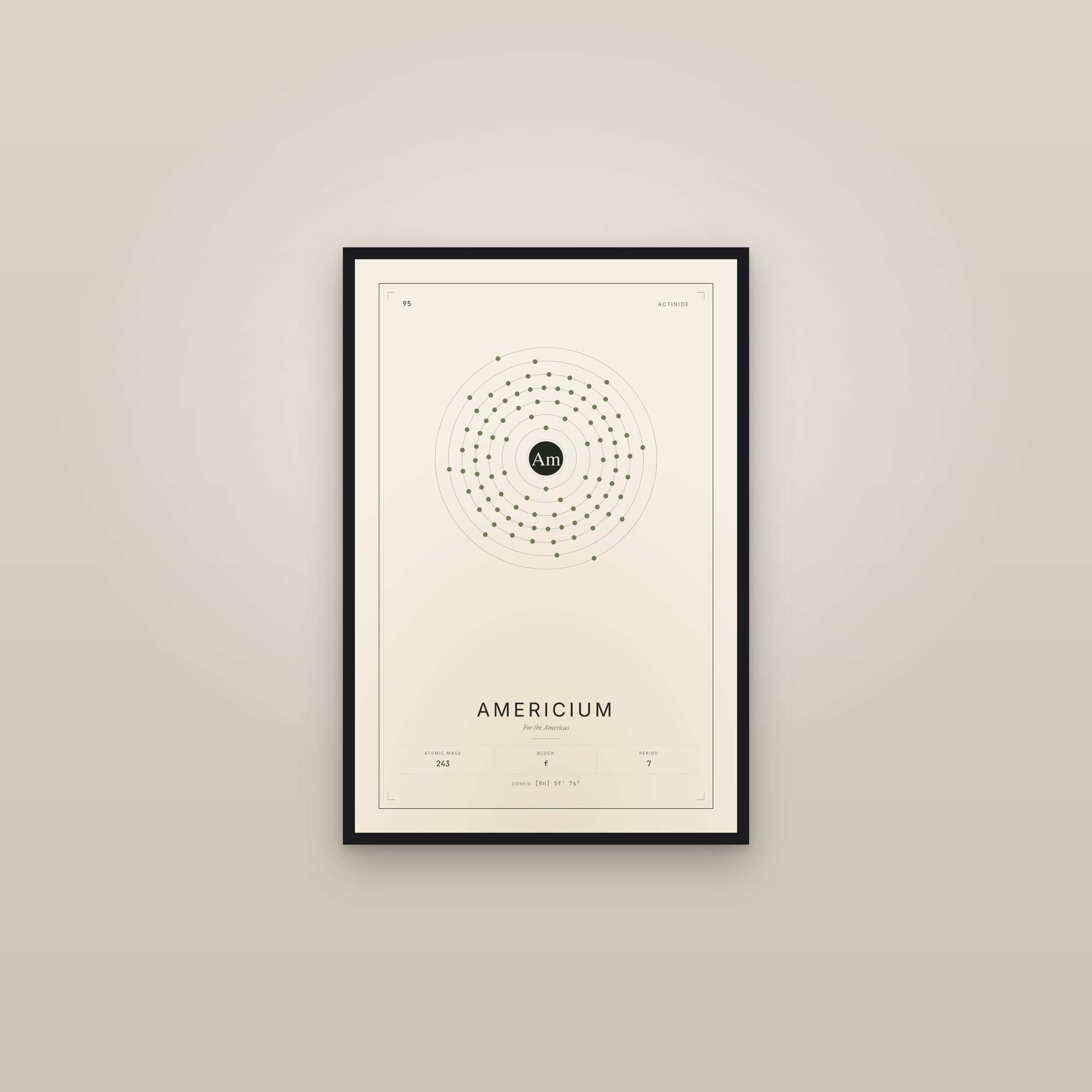 Americium — Element No. 95 — framed in a gallery setting
