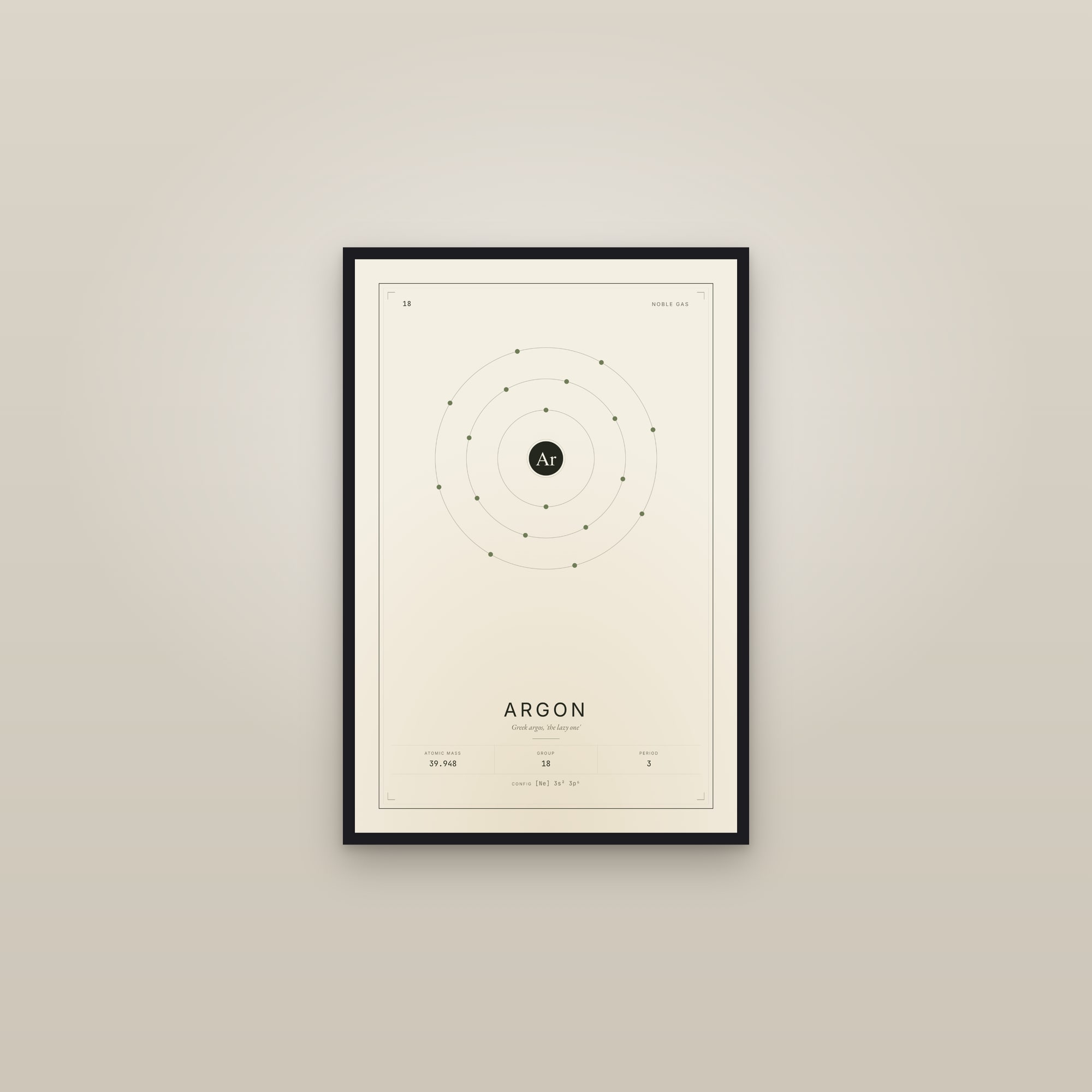 Argon — Element No. 18 — framed in a gallery setting