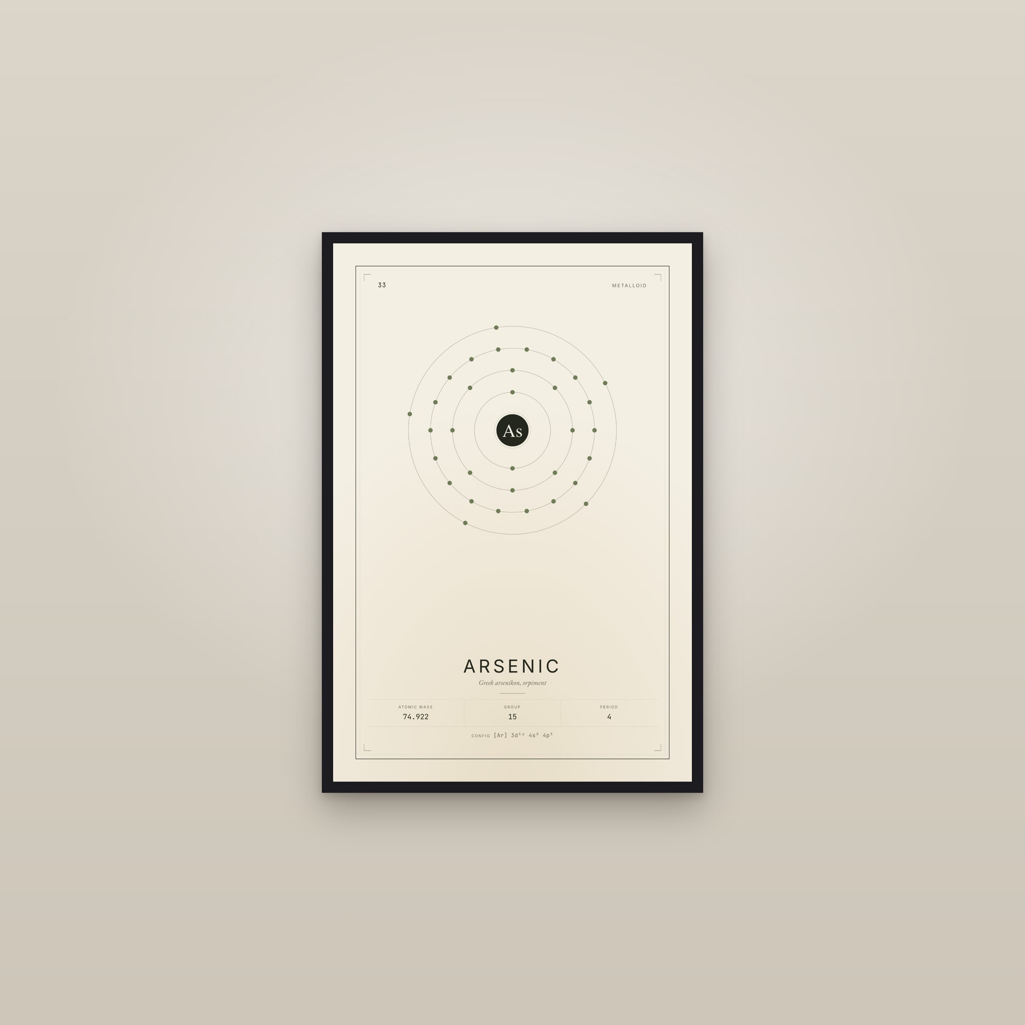 Arsenic — Element No. 33 — framed in a gallery setting