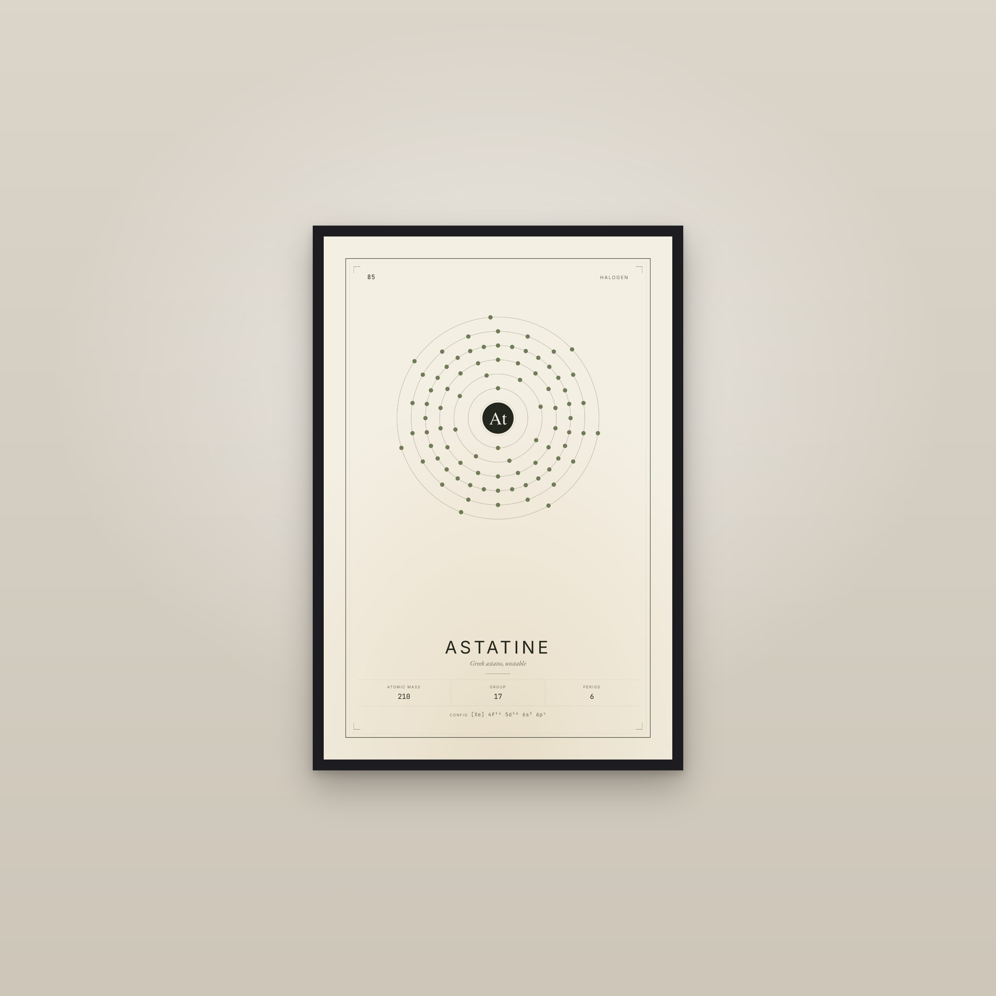 Astatine — Element No. 85 — framed in a gallery setting