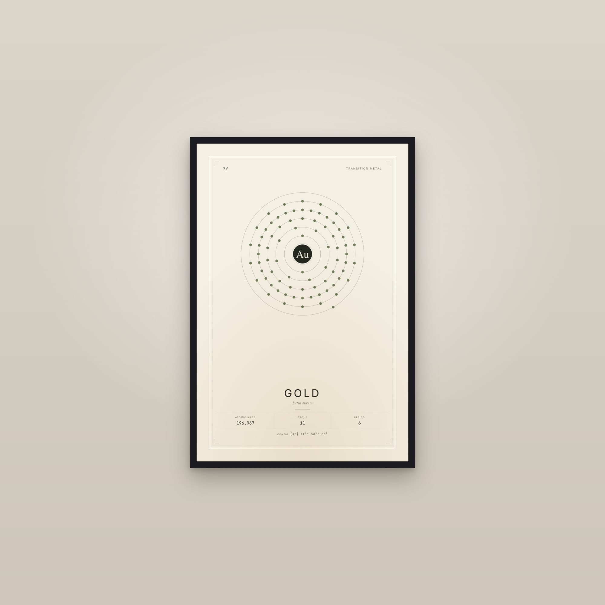 Gold — Element No. 79 — framed in a gallery setting