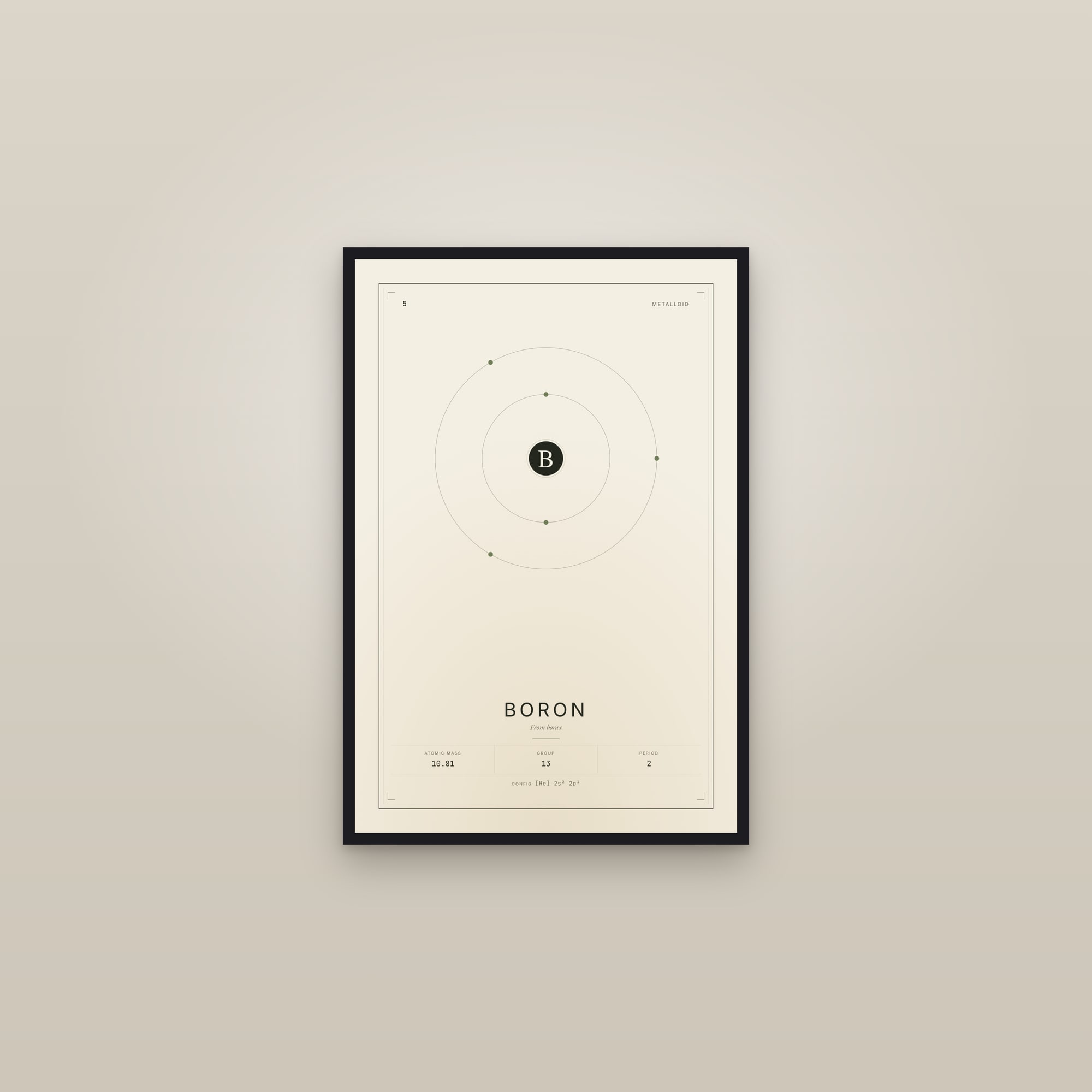 Boron — Element No. 5 — framed in a gallery setting