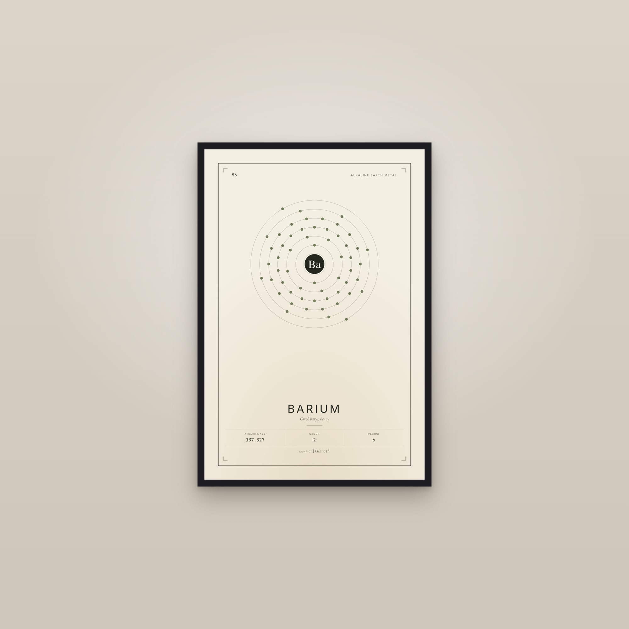 Barium — Element No. 56 — framed in a gallery setting