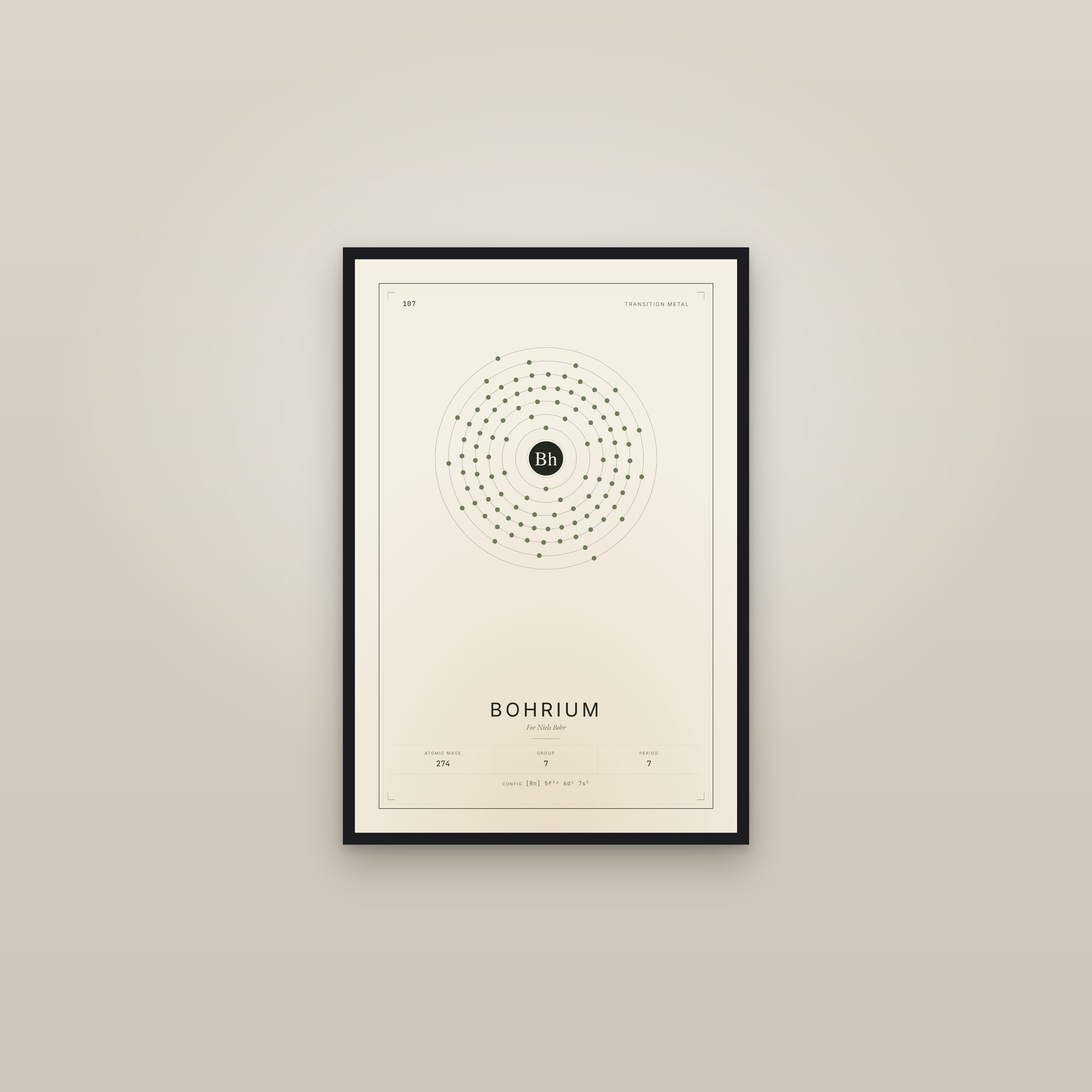 Bohrium — Element No. 107 — framed in a gallery setting
