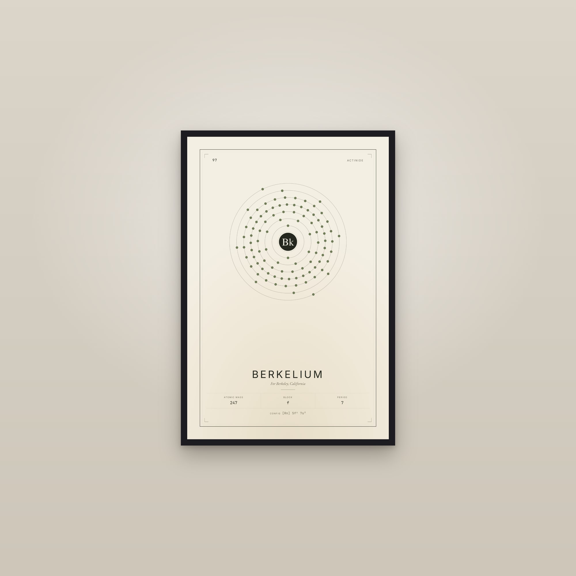 Berkelium — Element No. 97 — framed in a gallery setting