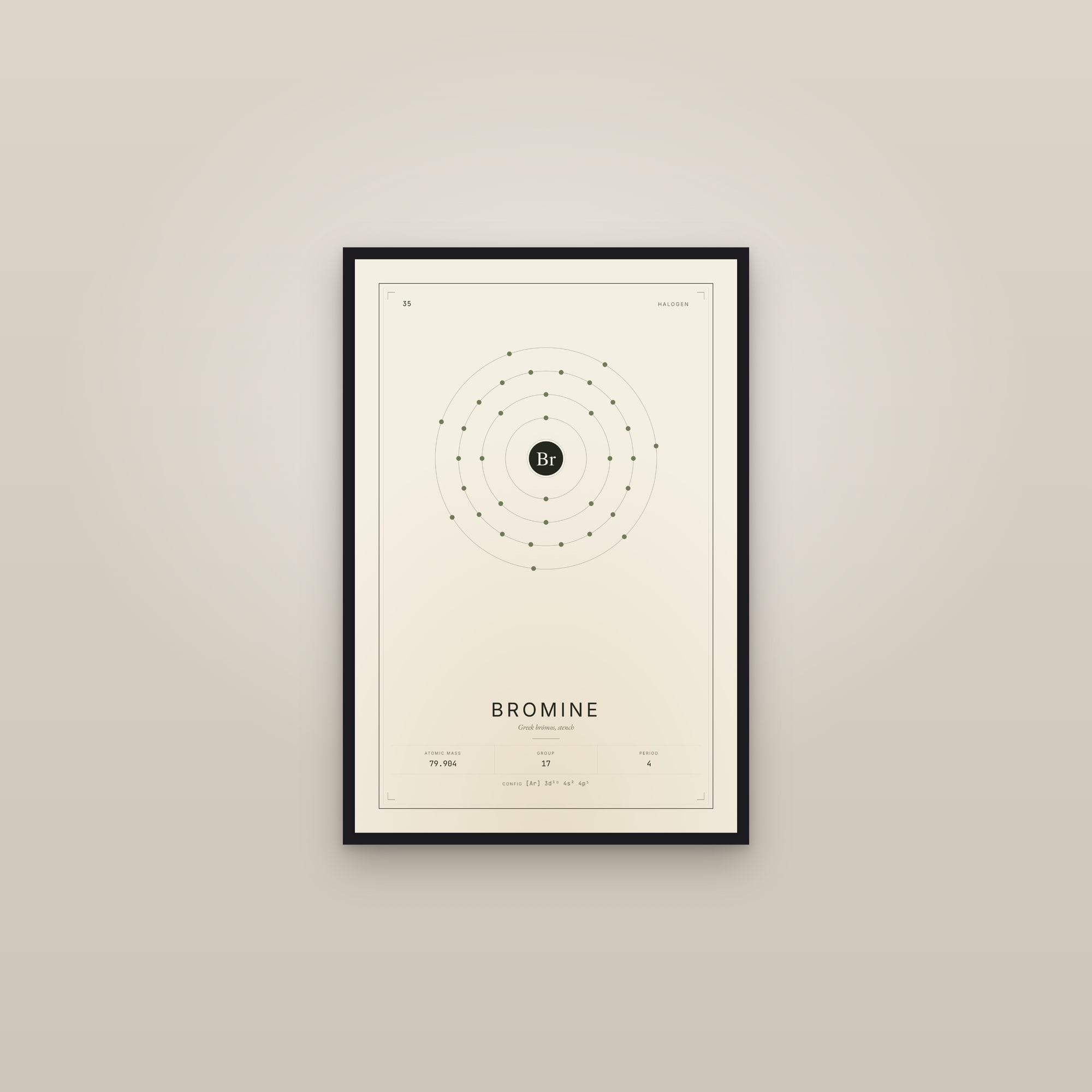 Bromine — Element No. 35 — framed in a gallery setting
