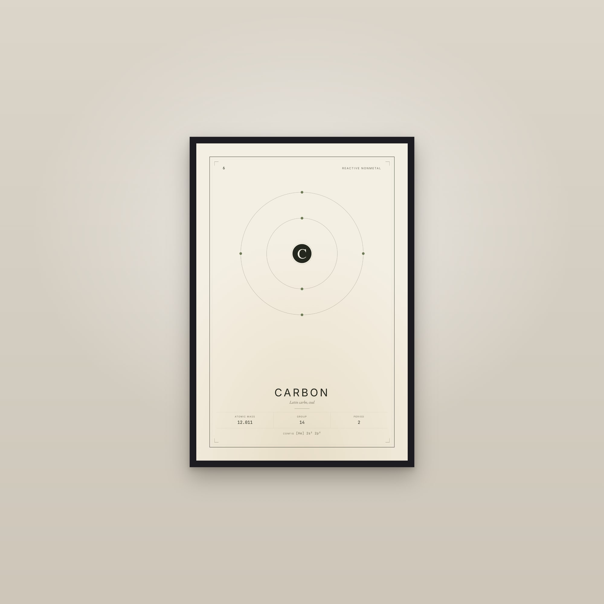 Carbon — Element No. 6 — framed in a gallery setting