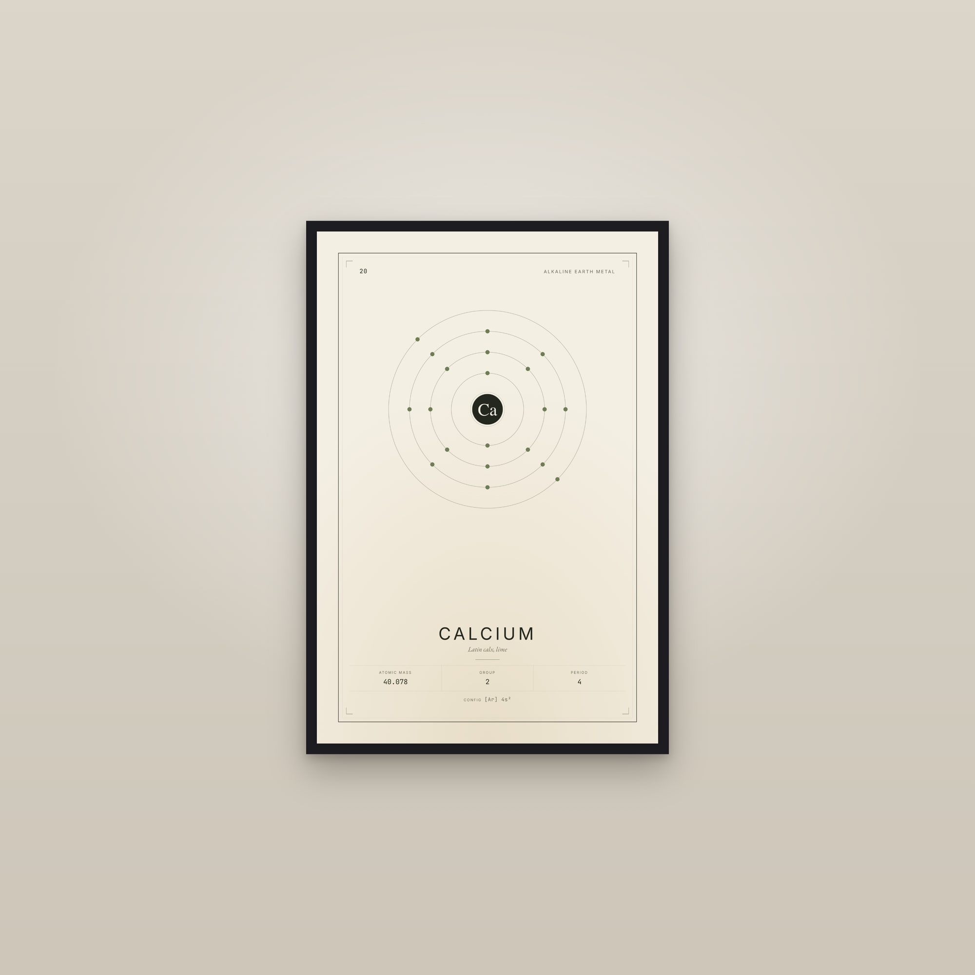 Calcium — Element No. 20 — framed in a gallery setting