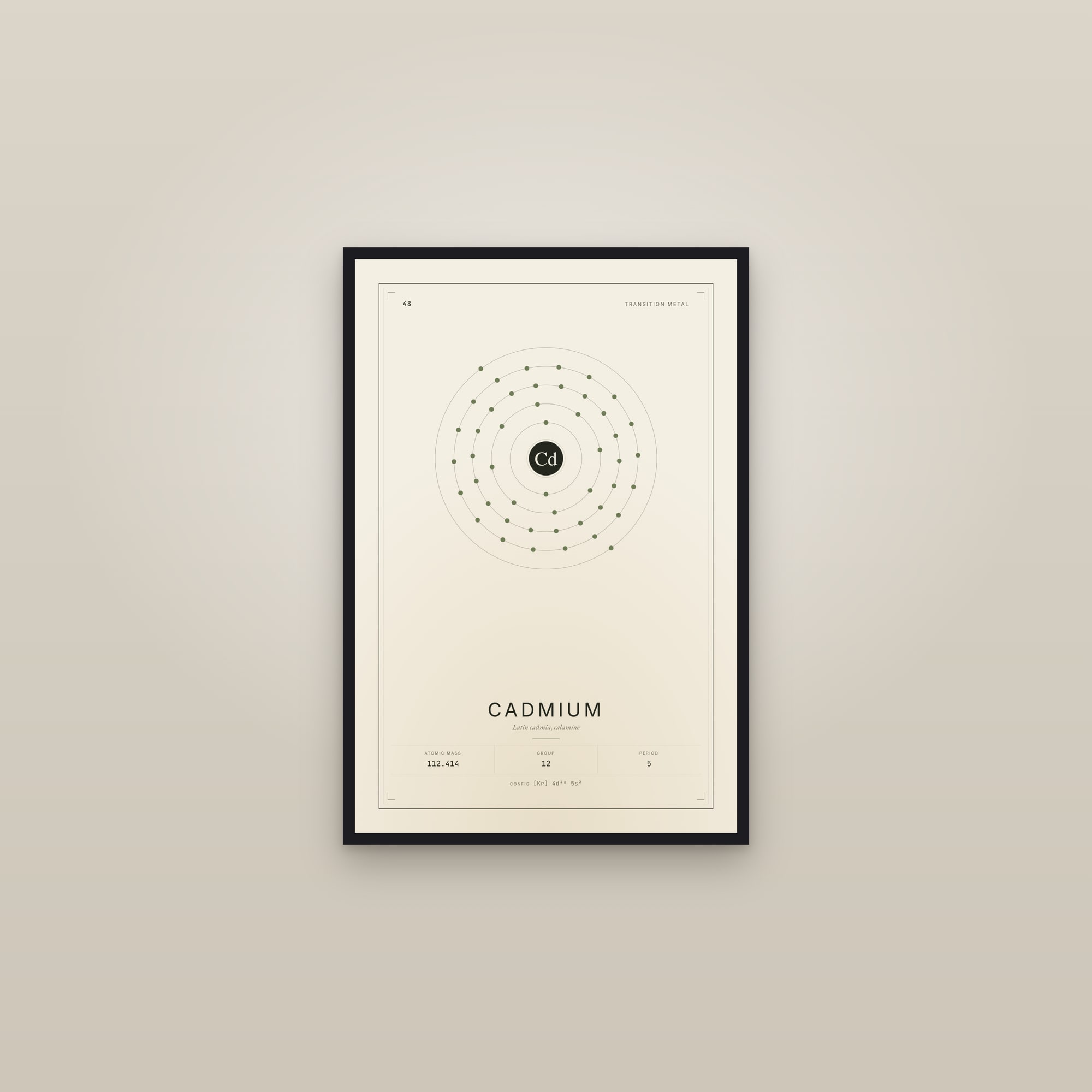 Cadmium — Element No. 48 — framed in a gallery setting