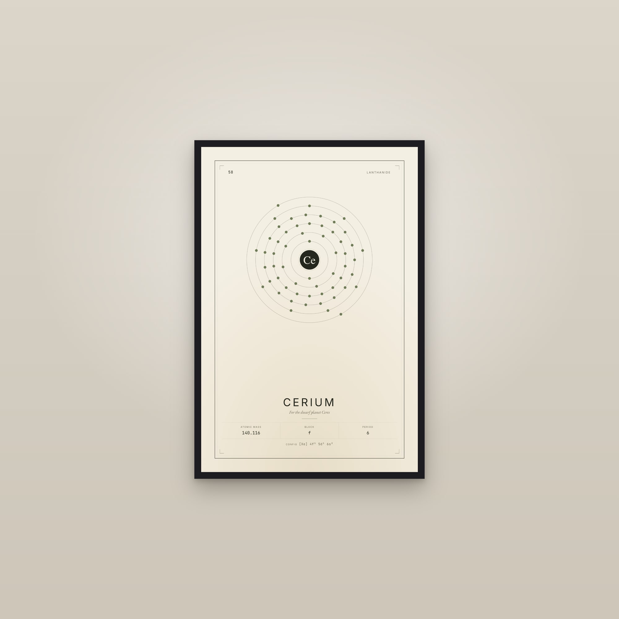 Cerium — Element No. 58 — framed in a gallery setting