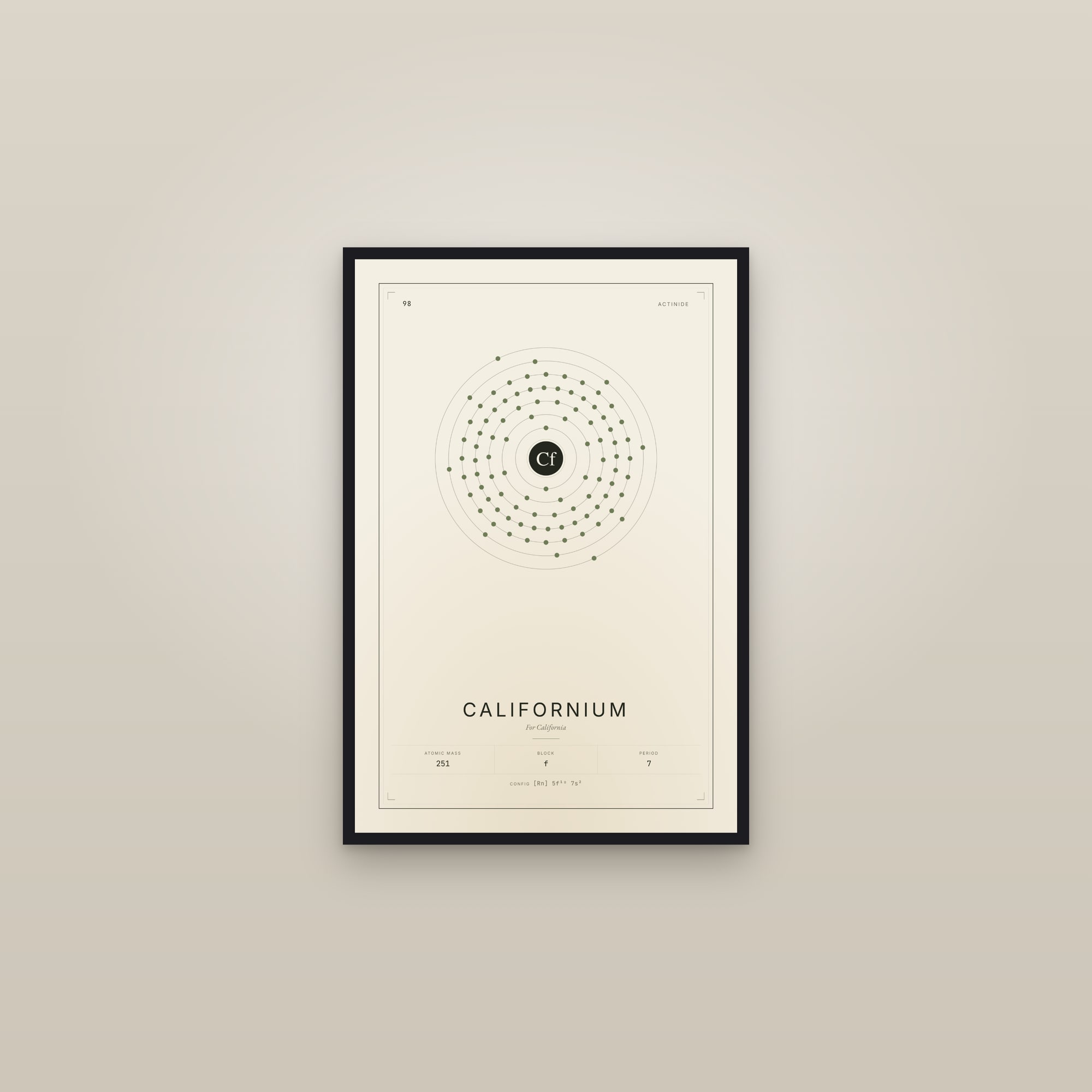 Californium — Element No. 98 — framed in a gallery setting