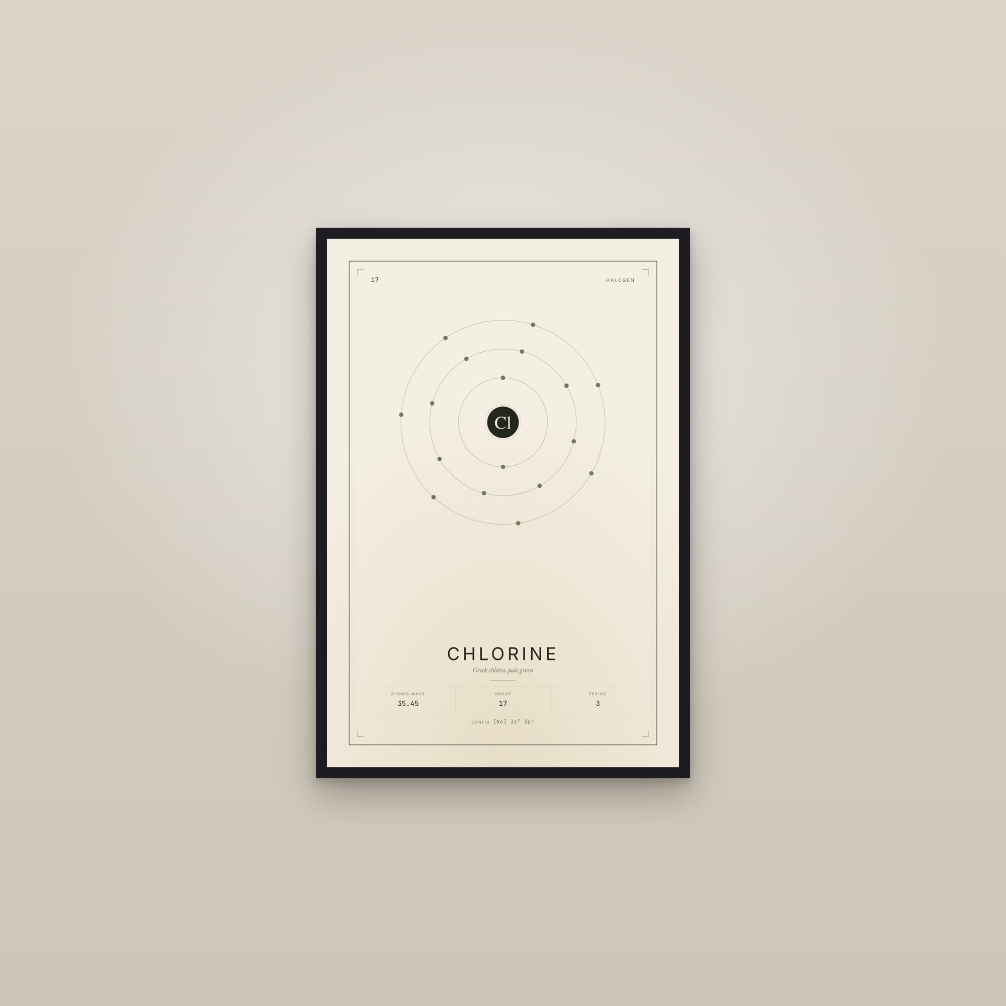 Chlorine — Element No. 17 — framed in a gallery setting