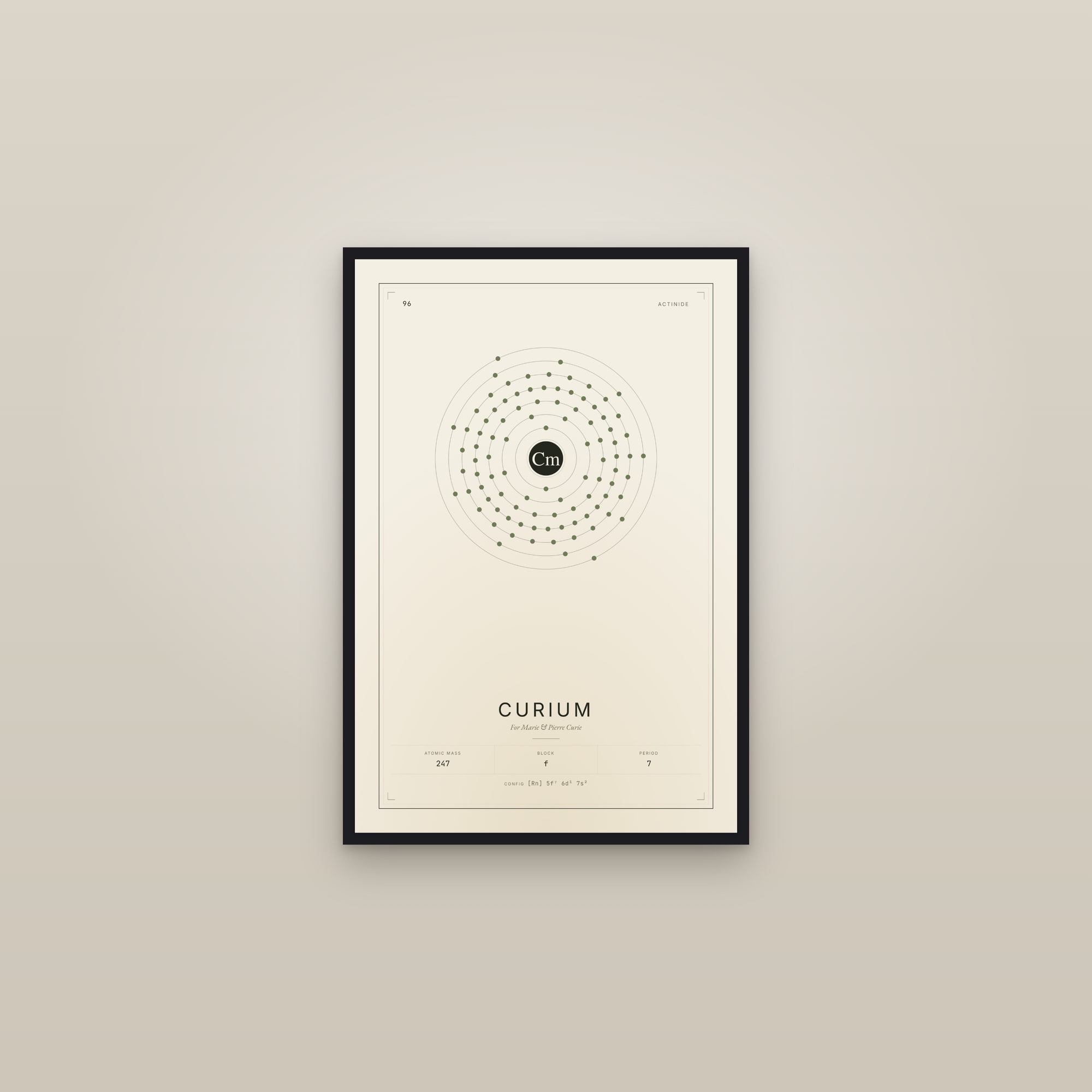 Curium — Element No. 96 — framed in a gallery setting