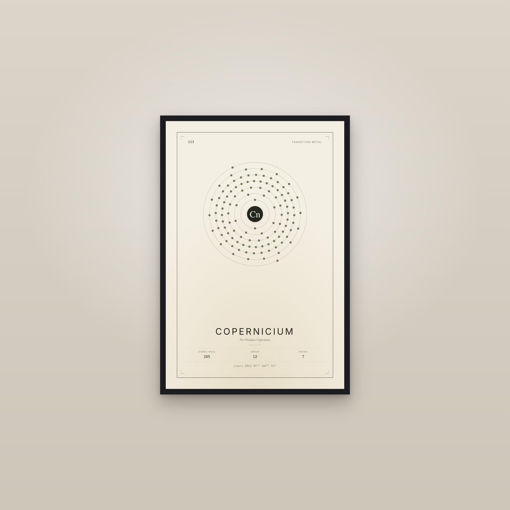 Copernicium — Element No. 112 — framed in a gallery setting