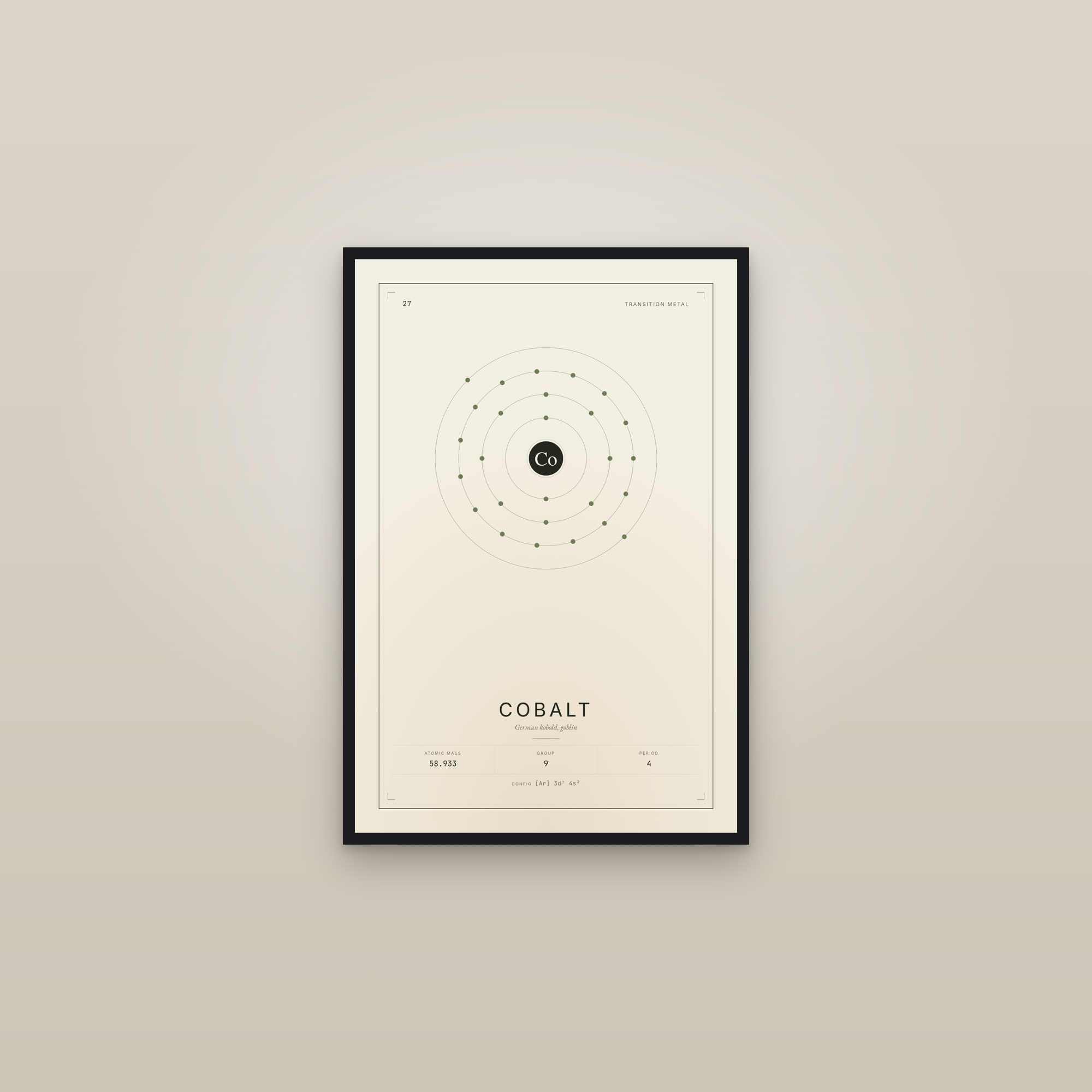 Cobalt — Element No. 27 — framed in a gallery setting