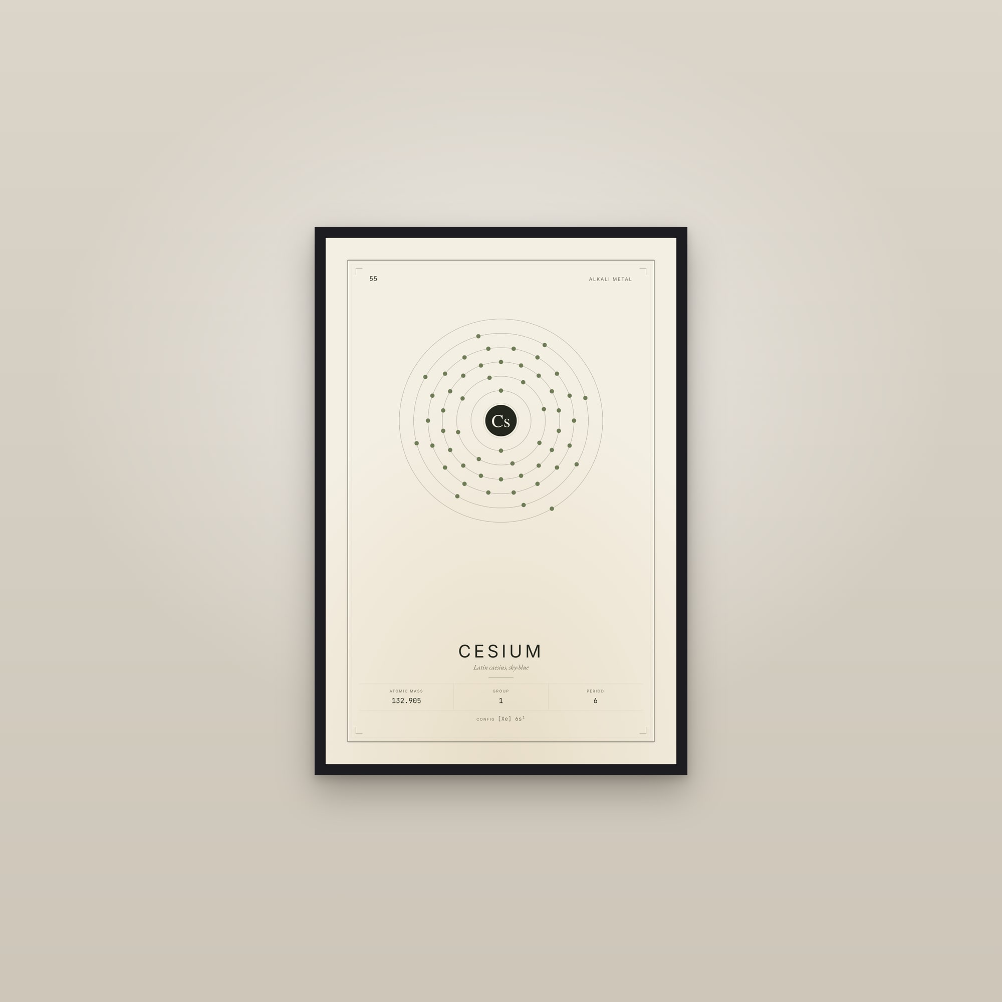 Cesium — Element No. 55 — framed in a gallery setting
