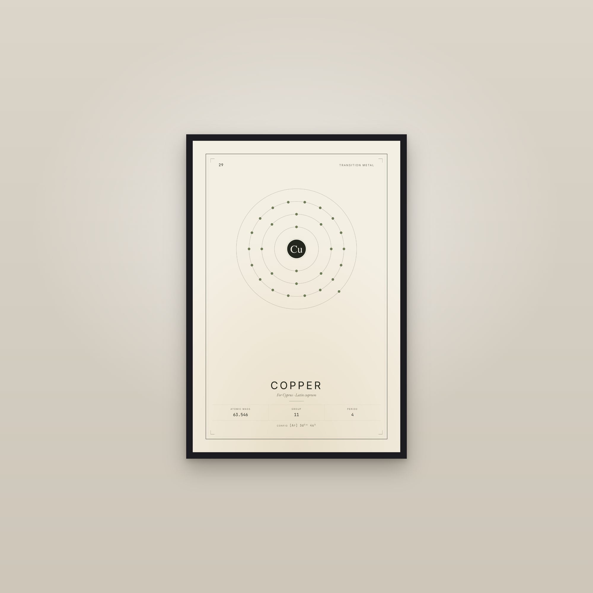 Copper — Element No. 29 — framed in a gallery setting