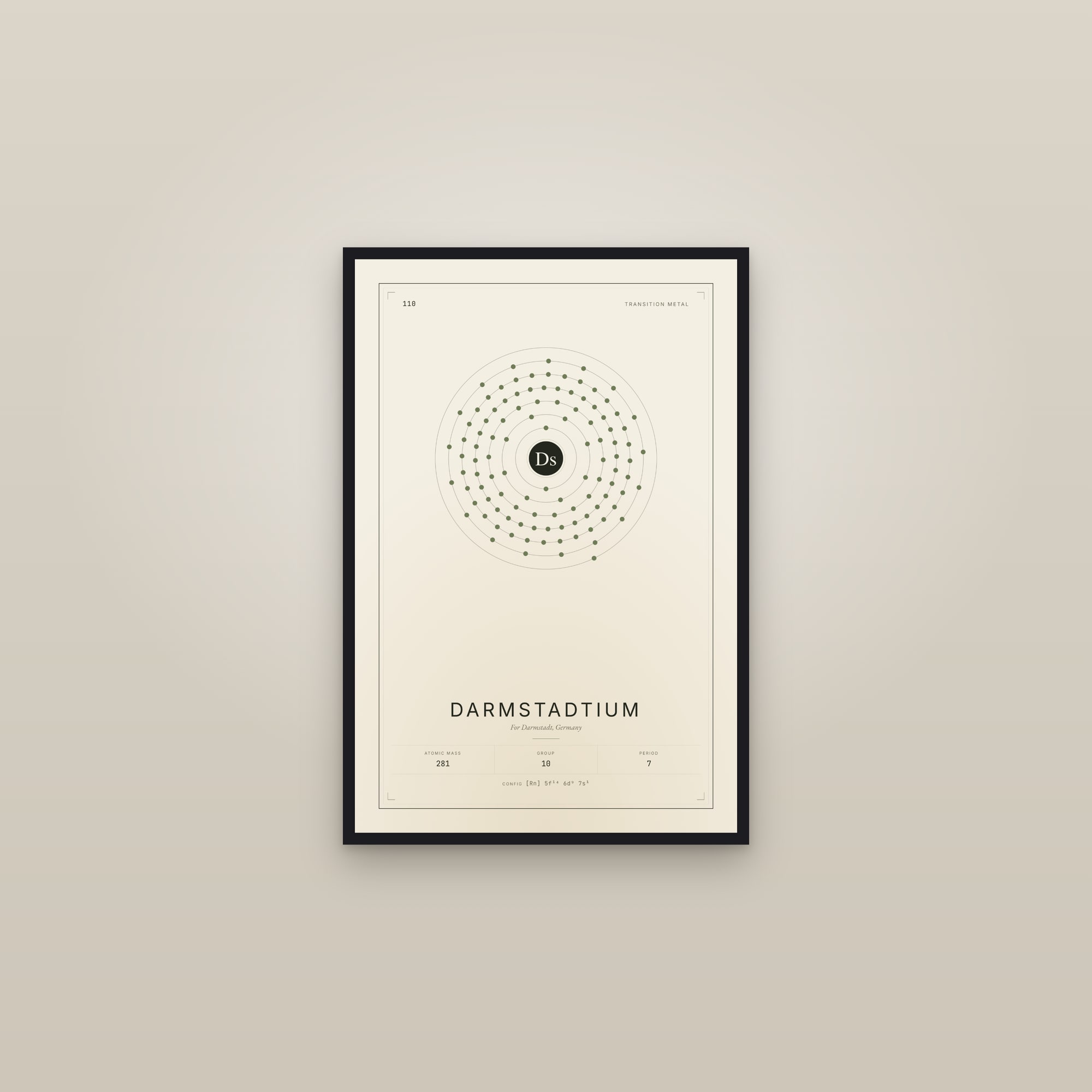 Darmstadtium — Element No. 110 — framed in a gallery setting
